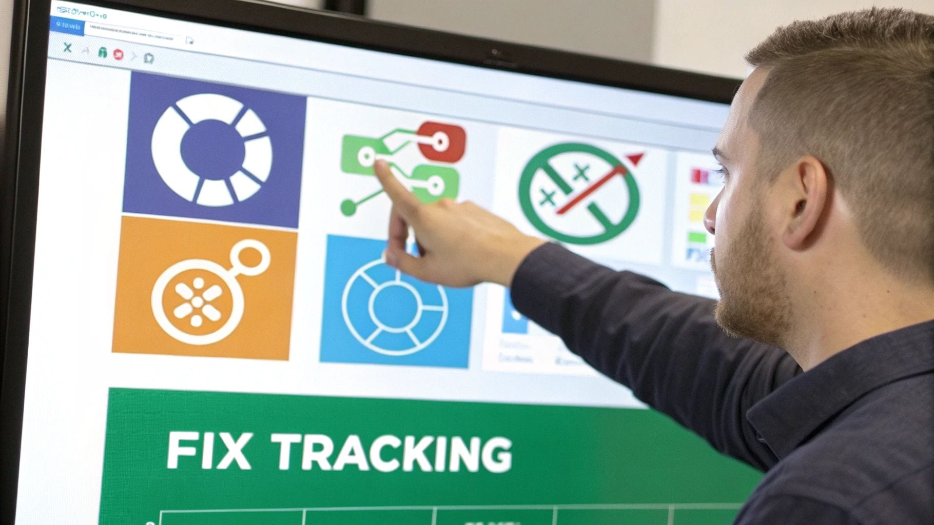 A man's hand pointing at a large digital screen displaying colorful icons and 'FIX TRACKING' text.