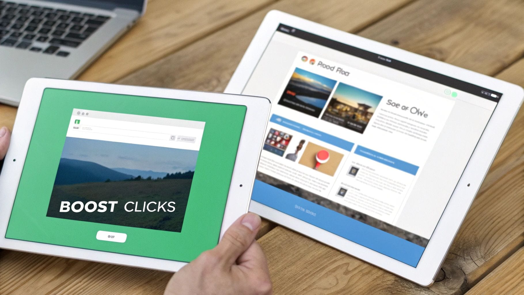 Two white tablets on a wooden desk, one displaying 'BOOST CLICKS' and the other a website with content.