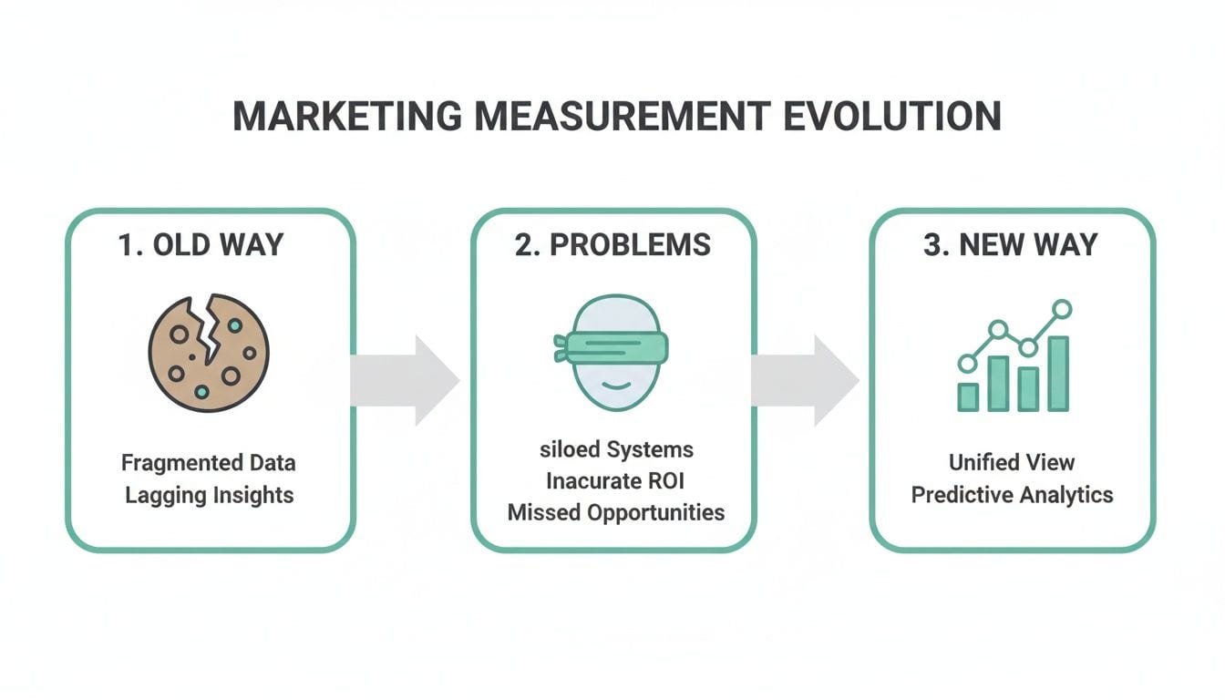 An infographic illustrating the evolution of marketing measurement from old ways to new, highlighting problems.