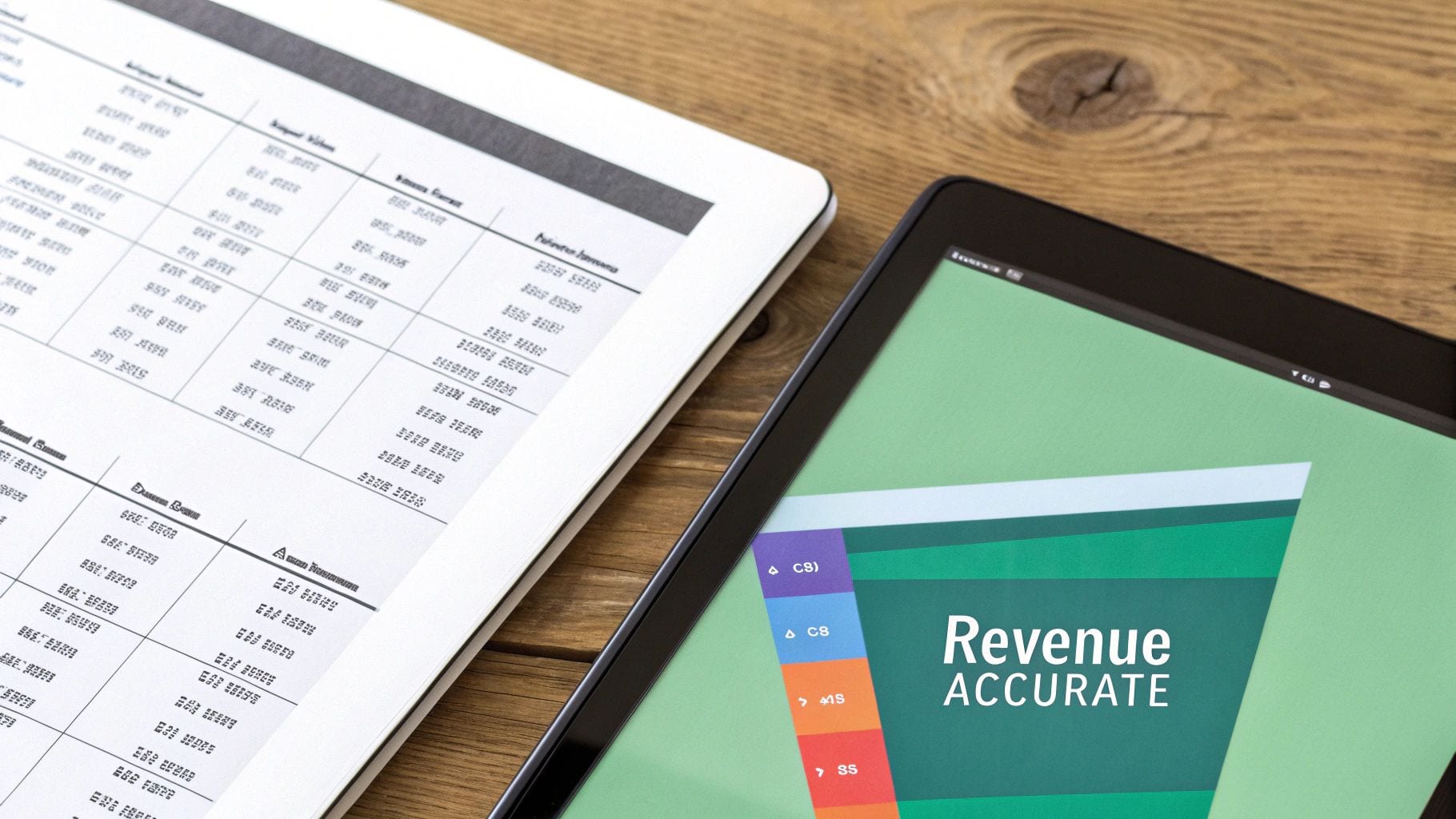 Two tablets on a wooden desk, one showing financial data, the other a 'Revenue ACCURATE' business dashboard.