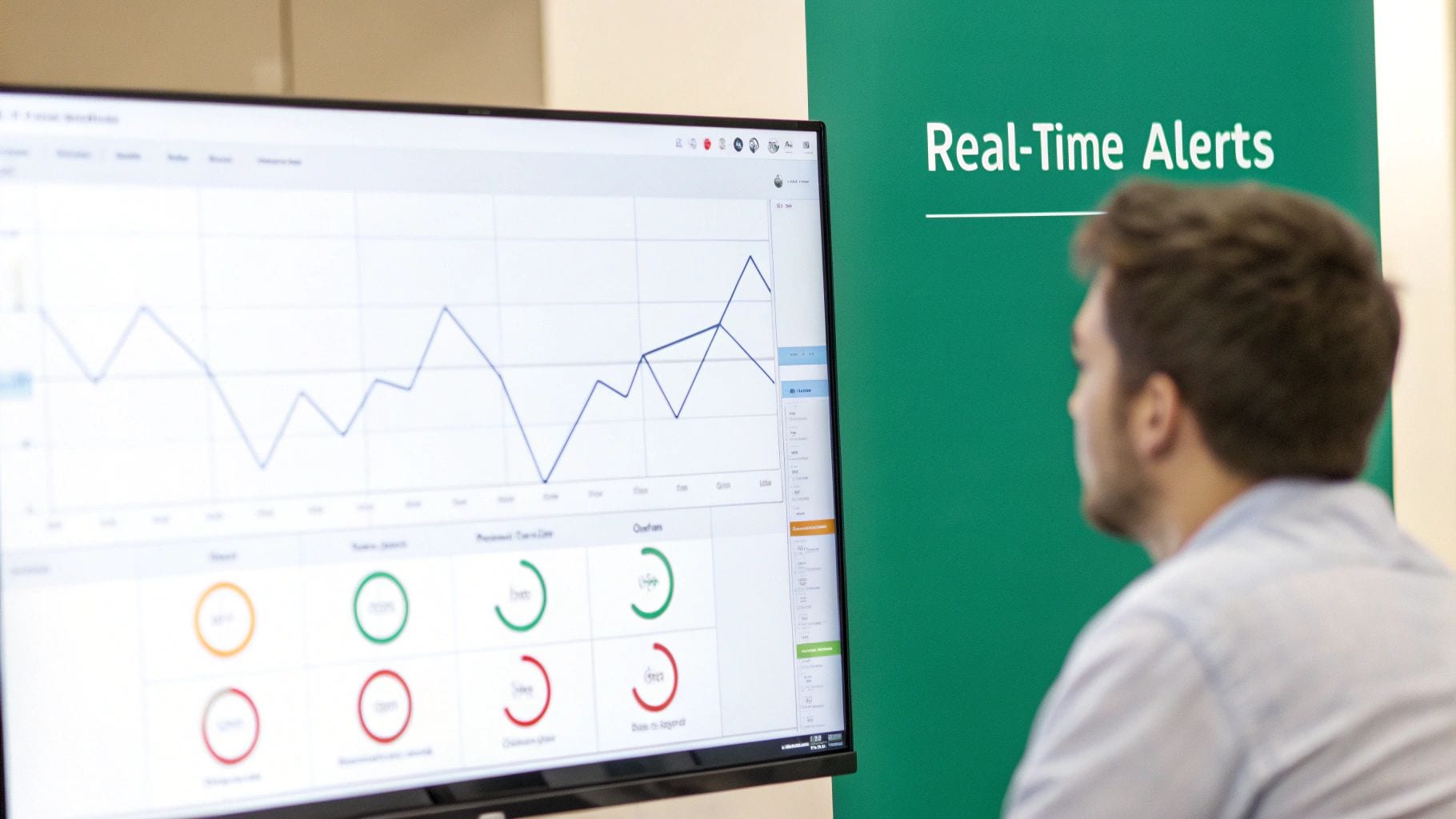 A person views a computer screen displaying data visualizations, real-time alerts, and performance metrics.