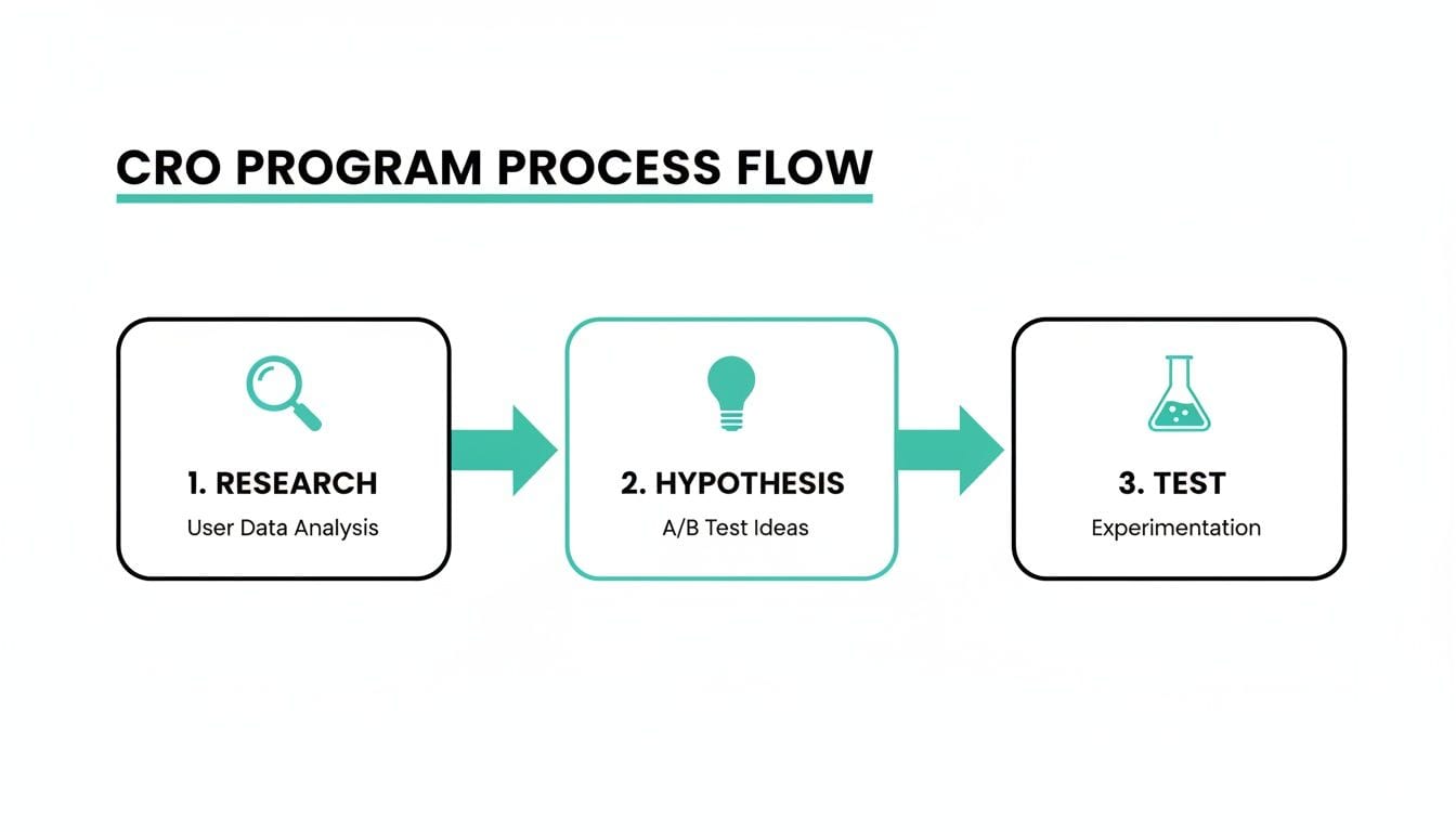 CRO program process flow diagram detailing research, hypothesis generation, and testing phases with icons.