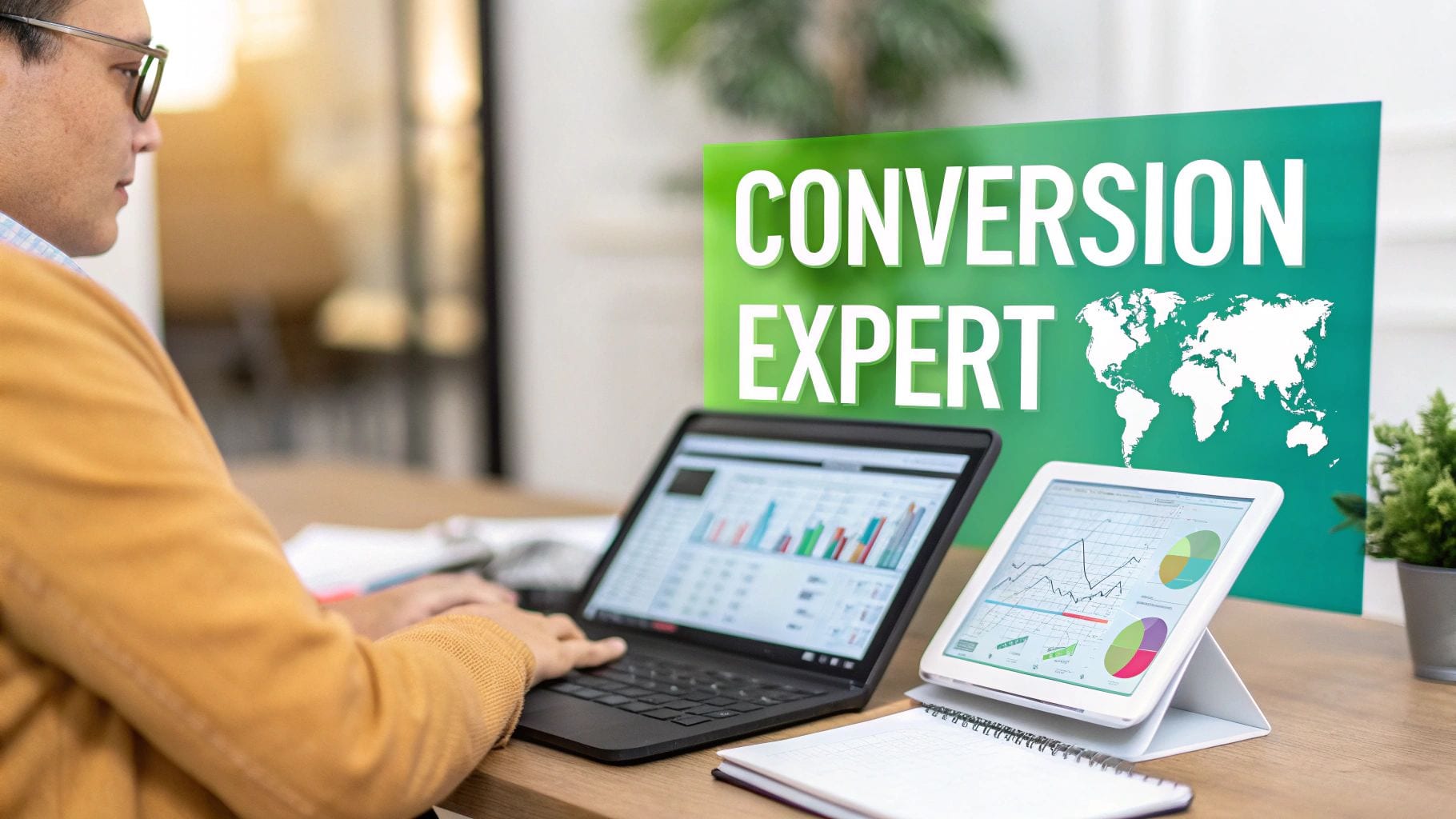 A man works on a laptop and tablet displaying graphs, next to a 'Conversion Expert' sign with a world map.