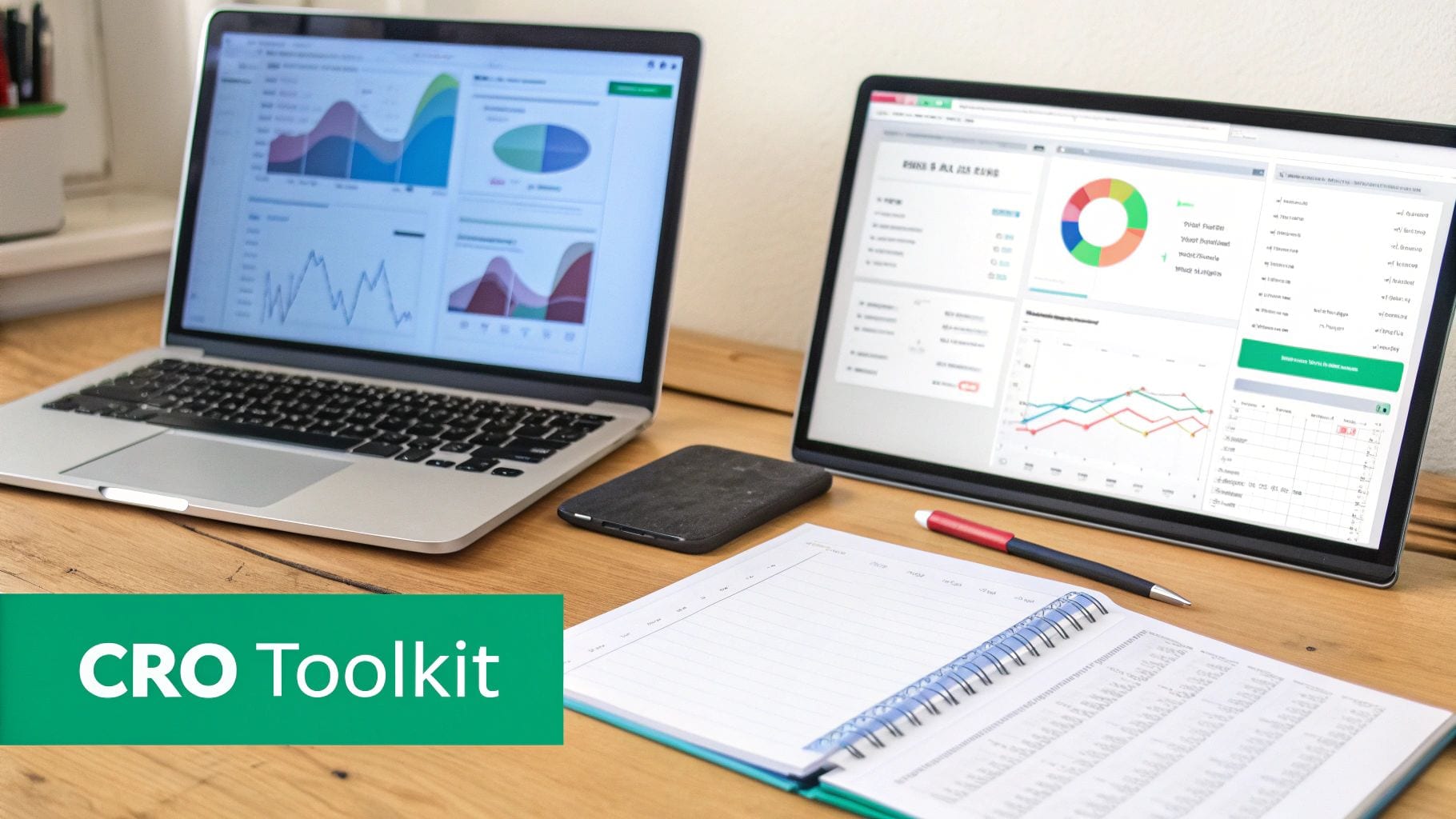 A desk setup with a laptop, tablet, and notebook displaying charts, labeled 'CRO Toolkit'.