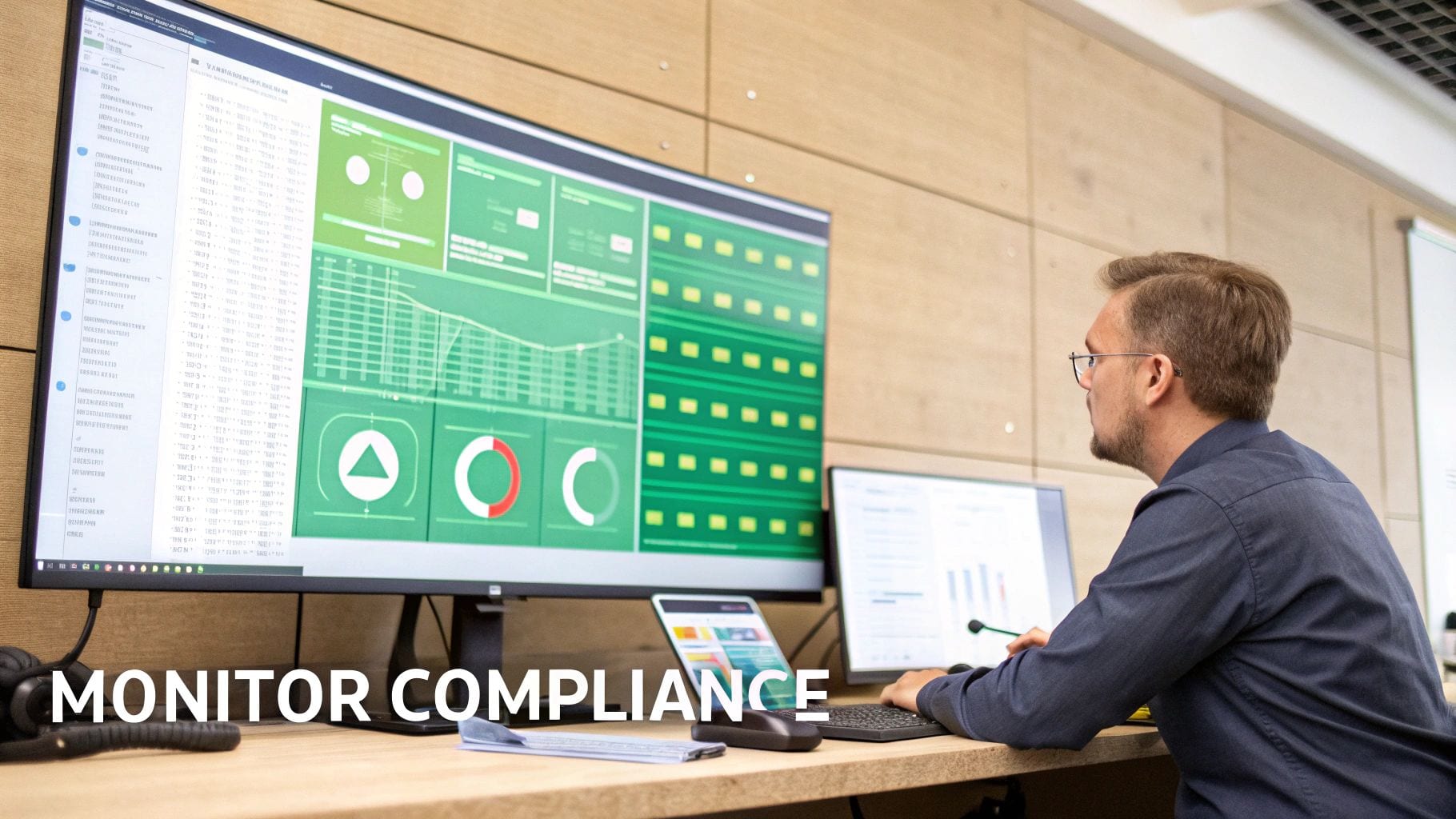 A man in glasses monitors data and charts on multiple computer screens for compliance.
