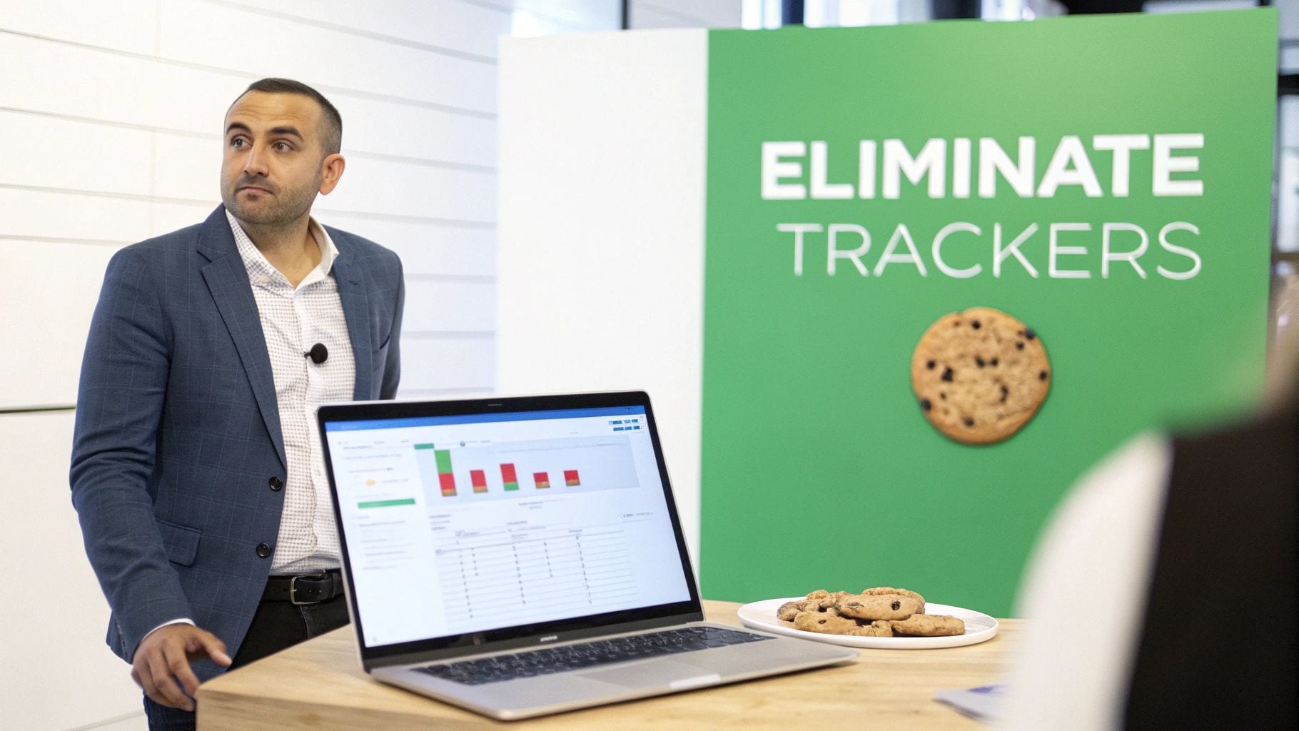 A man presents next to a laptop and a sign reading 'ELIMINATE TRACKERS' with a cookie, promoting digital privacy.