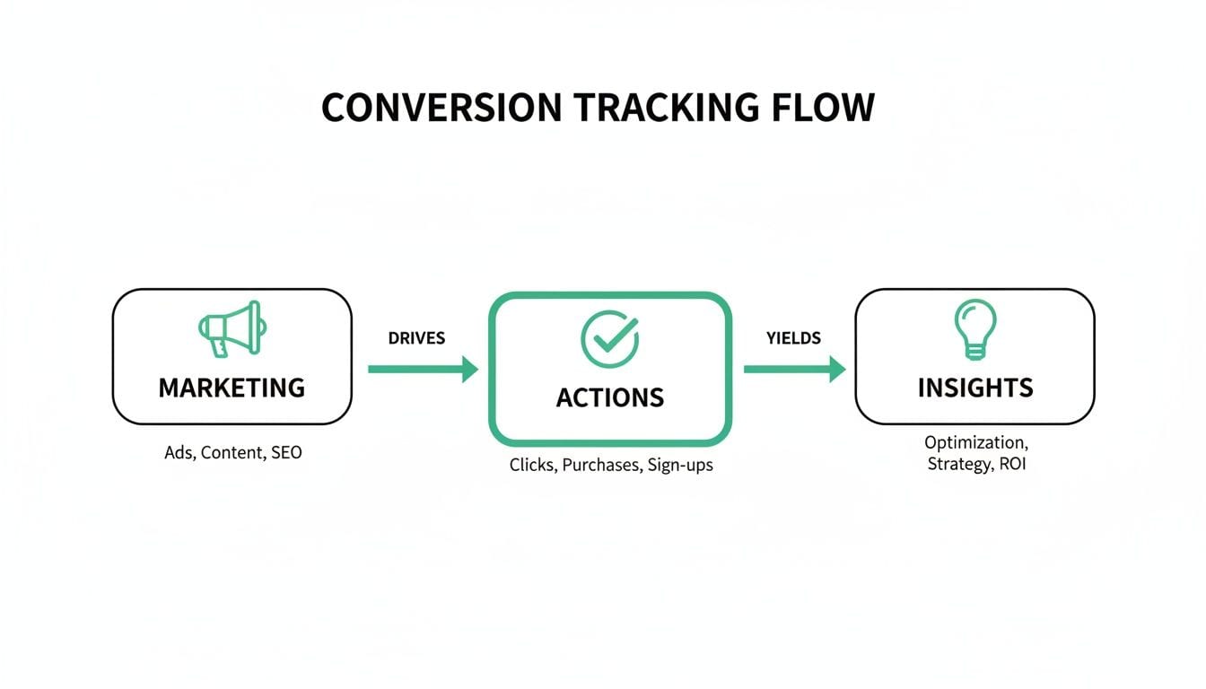 Flowchart detailing the conversion tracking process, from marketing activities to user actions and resulting insights.