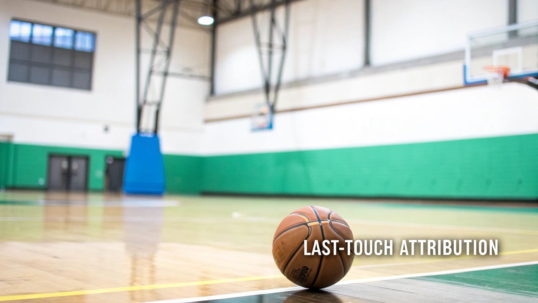 A basketball sits on a shiny wooden court in a gym, with the text 'LAST-TOUCH ATTRIBUTION' overlay.