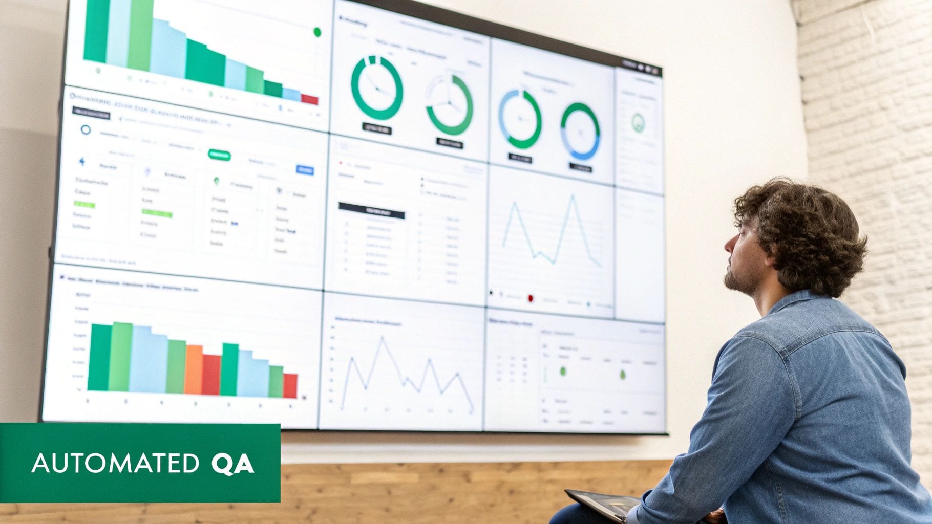 Man observes a large screen displaying data dashboards and charts, with 'AUTOMATED QA' overlay.