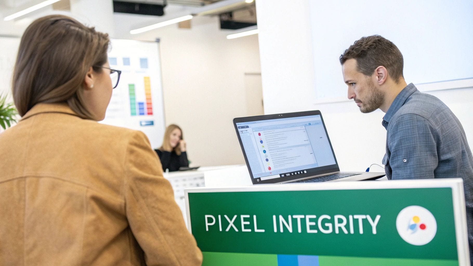 Two professionals collaborating in an office, viewing content on a laptop screen near a 'Pixel Integrity' sign.