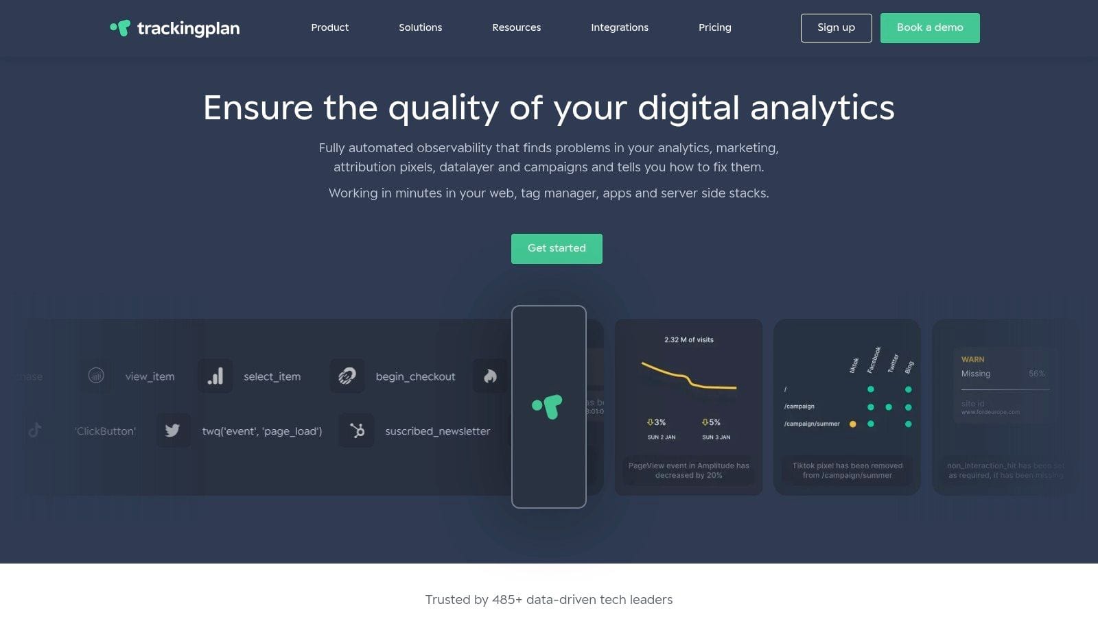 A screenshot of the Trackingplan dashboard showing analytics and event monitoring, demonstrating its utility as a web audit tool.