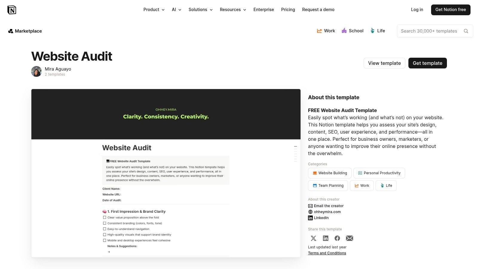 Notion Marketplace — Website Audit Templates (Mira Aguayo example)
