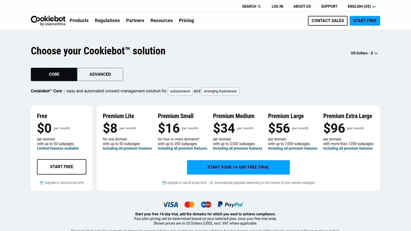 Cookiebot by Usercentrics pricing plans