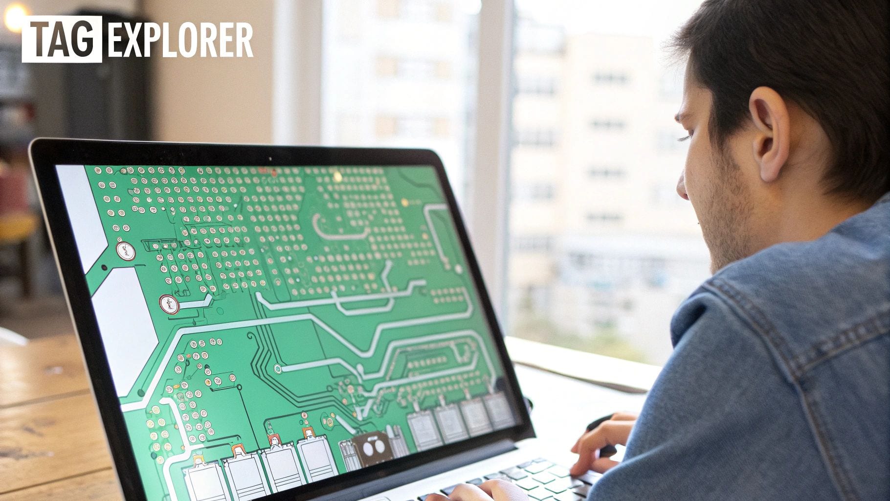 A person in a denim jacket works on a laptop displaying a green circuit board design.
