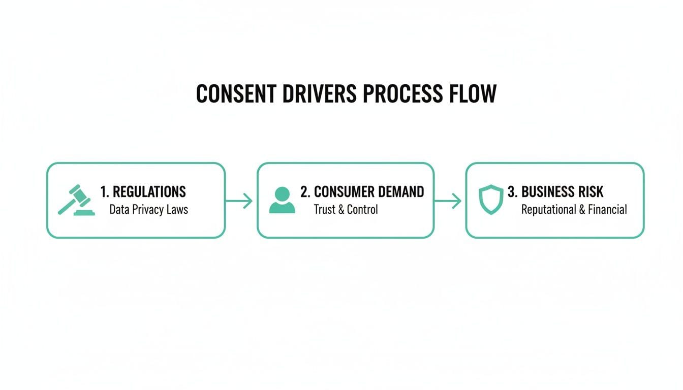 A process flow diagram illustrating three consent drivers: regulations, consumer demand, and business risk.