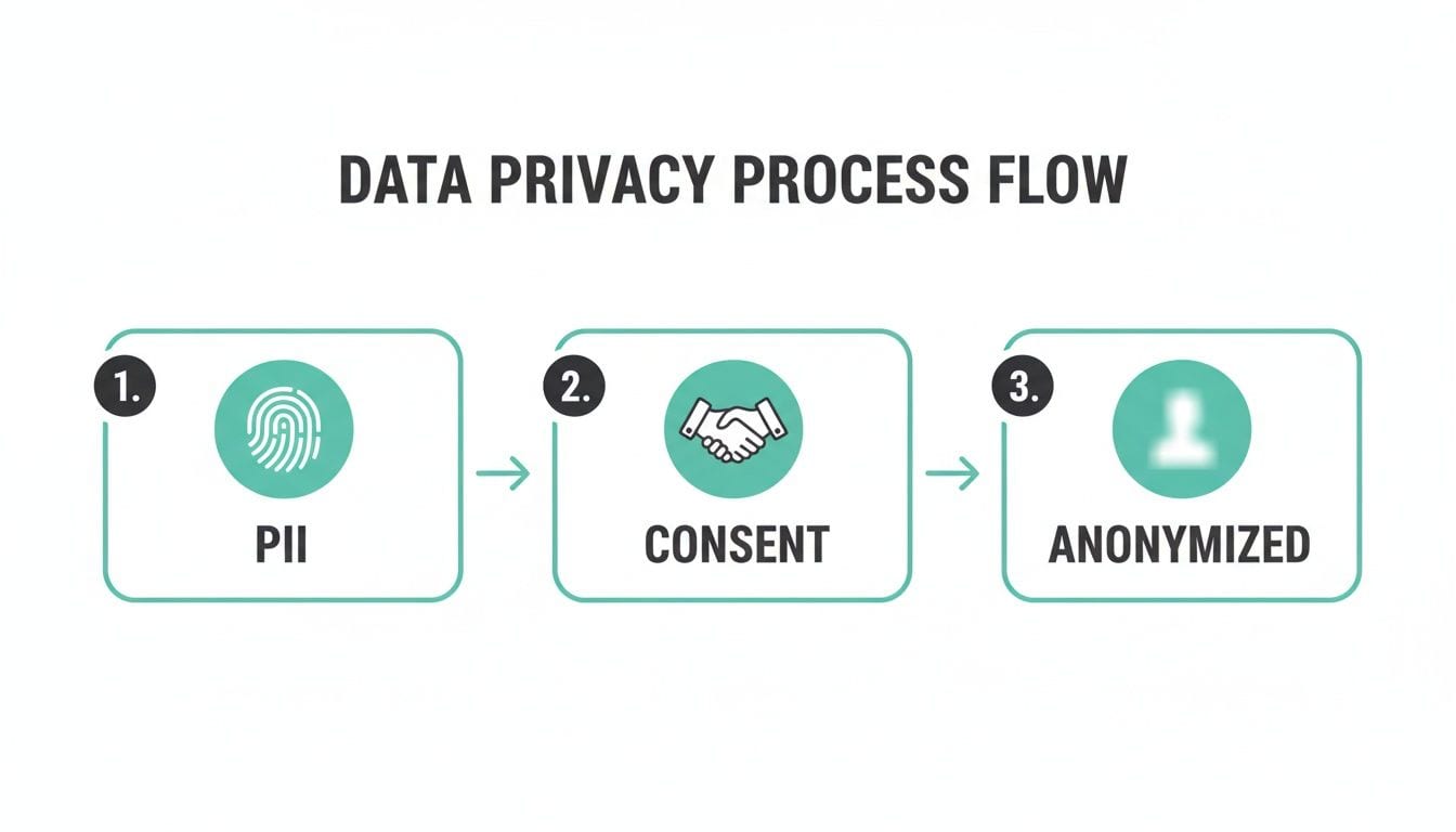 A diagram illustrating the data privacy process flow, moving from PII to anonymized data with consent.