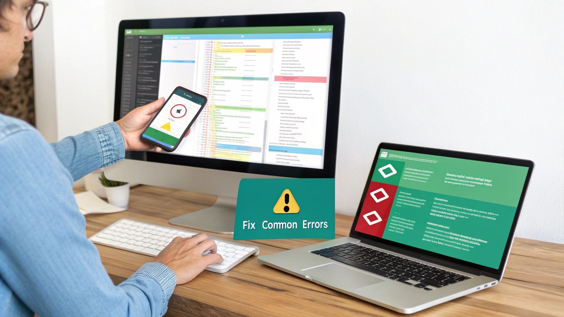 A person uses a smartphone to debug code displayed on a desktop and laptop, indicating error fixing.