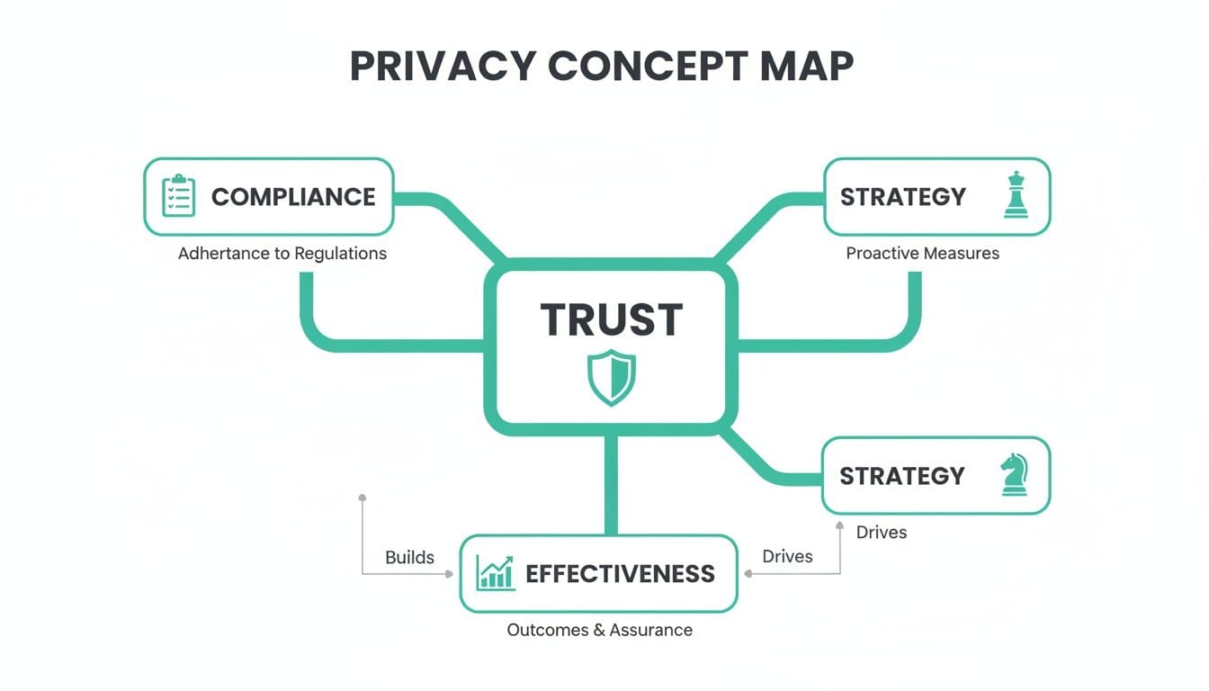 A privacy concept map illustrating Trust as the central element, connected to Compliance, Strategy, and Effectiveness.
