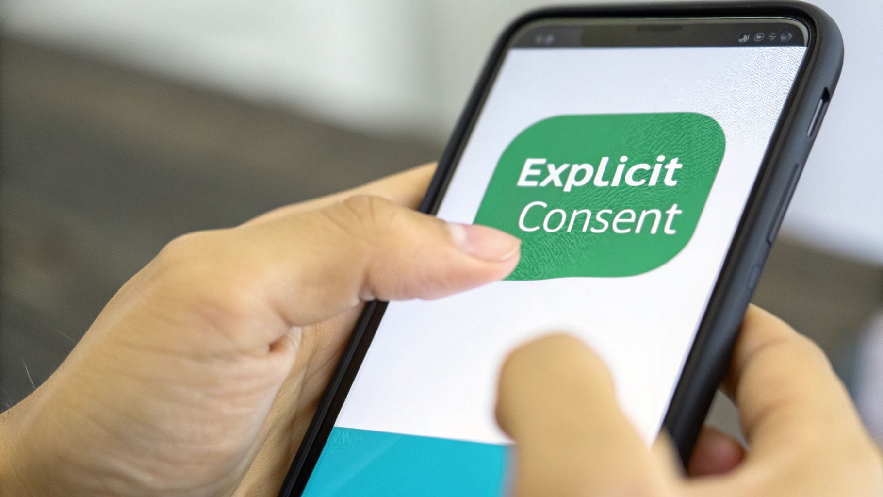 A person holds a smartphone displaying a green bubble with the text 'Explicit Consent'.