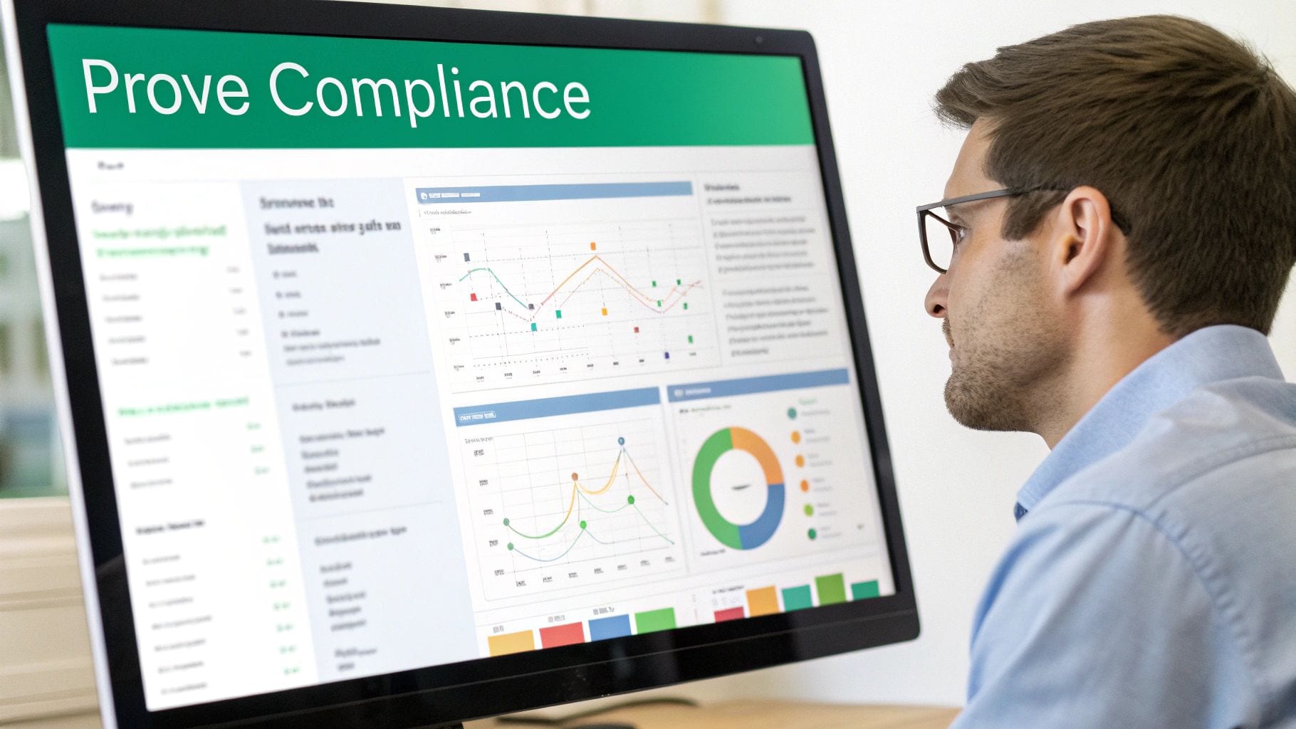 A man wearing glasses looks at a computer monitor displaying a compliance dashboard with various graphs and data.