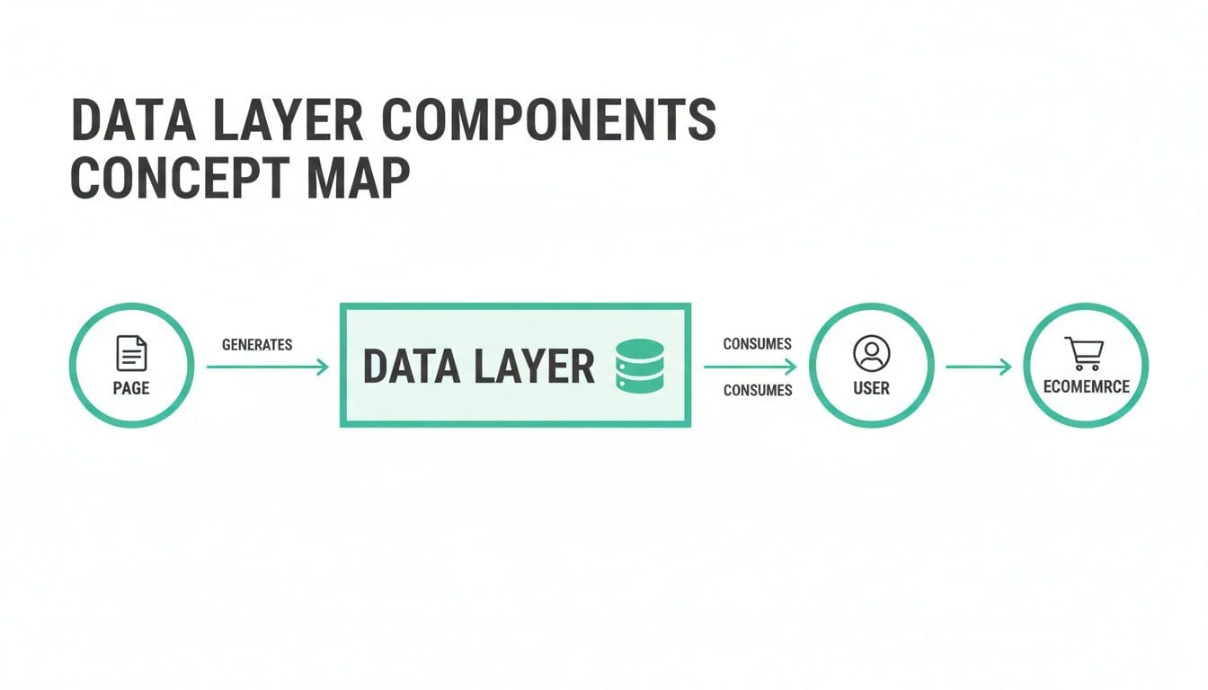 A concept map illustrating data flow from page generation to user consumption in an e-commerce data layer.