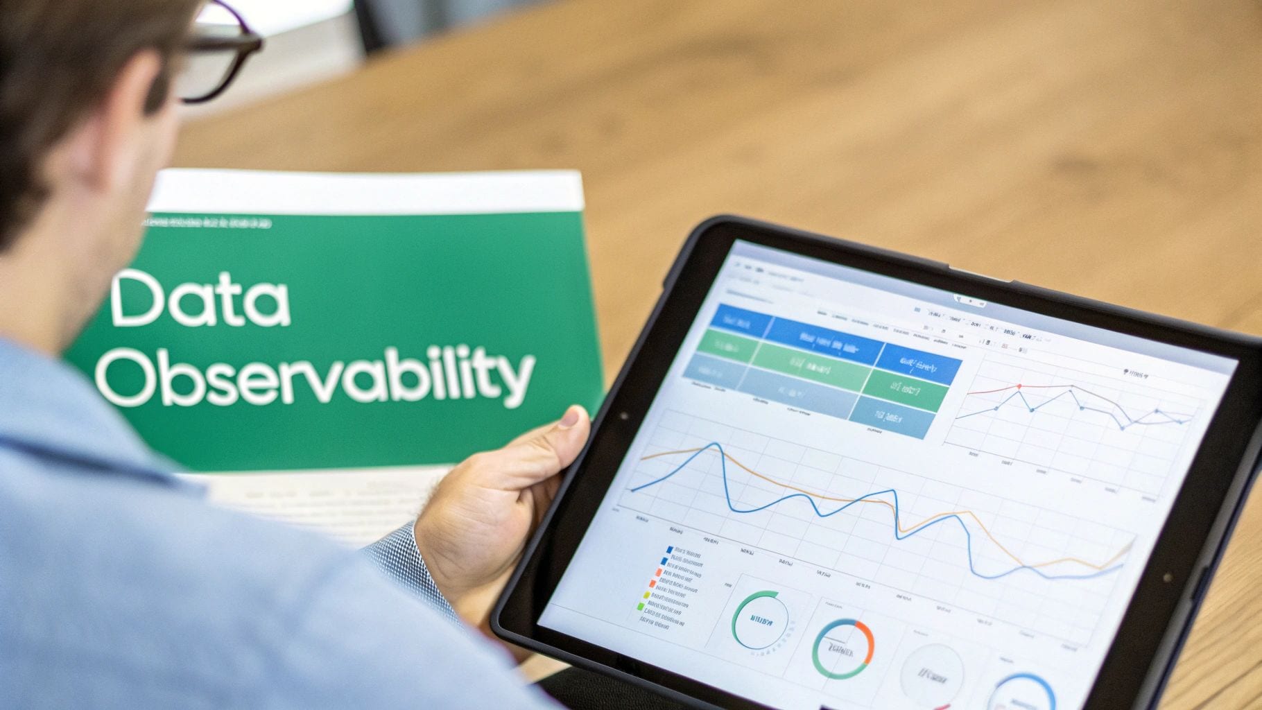 A person analyzing charts and graphs on a tablet, with a 'Data Observability' book.