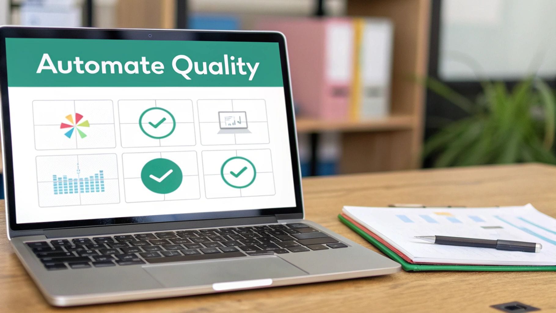 A laptop displays 'Automate Quality' with icons, next to a clipboard with charts and a pen on a desk.