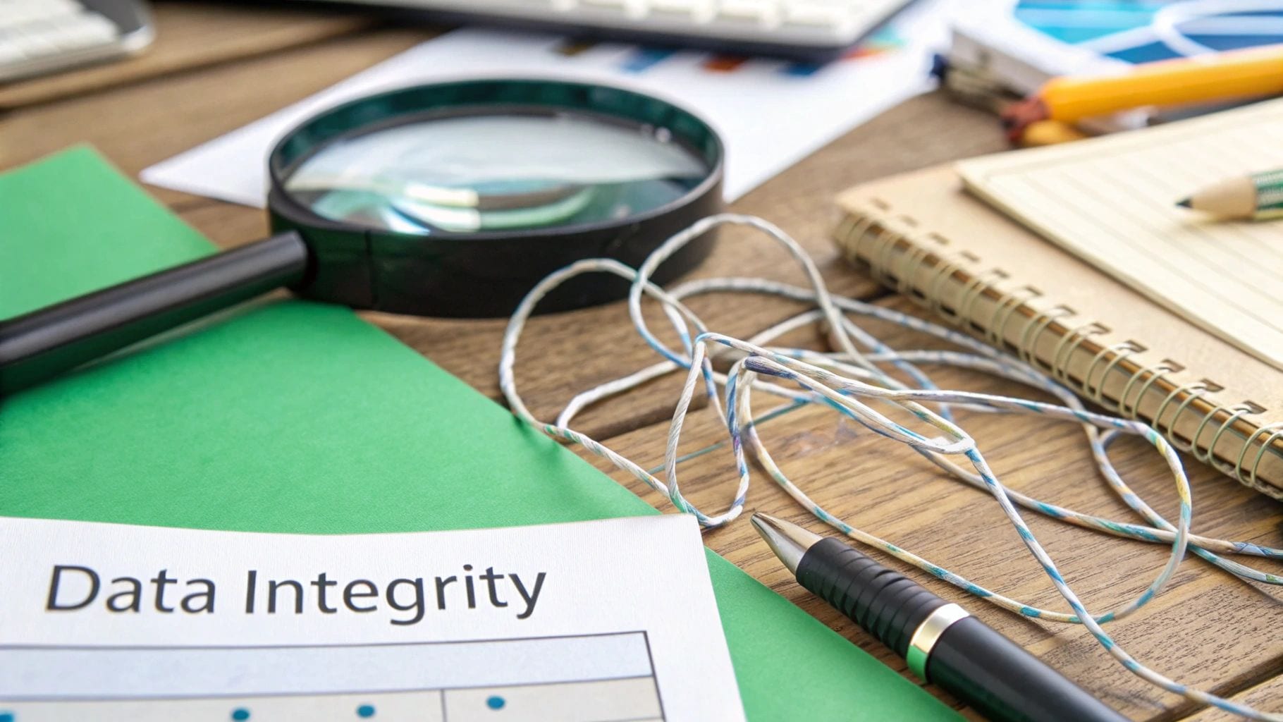 A close-up of a desk showing a magnifying glass, a document titled 'Data Integrity', and a pen.