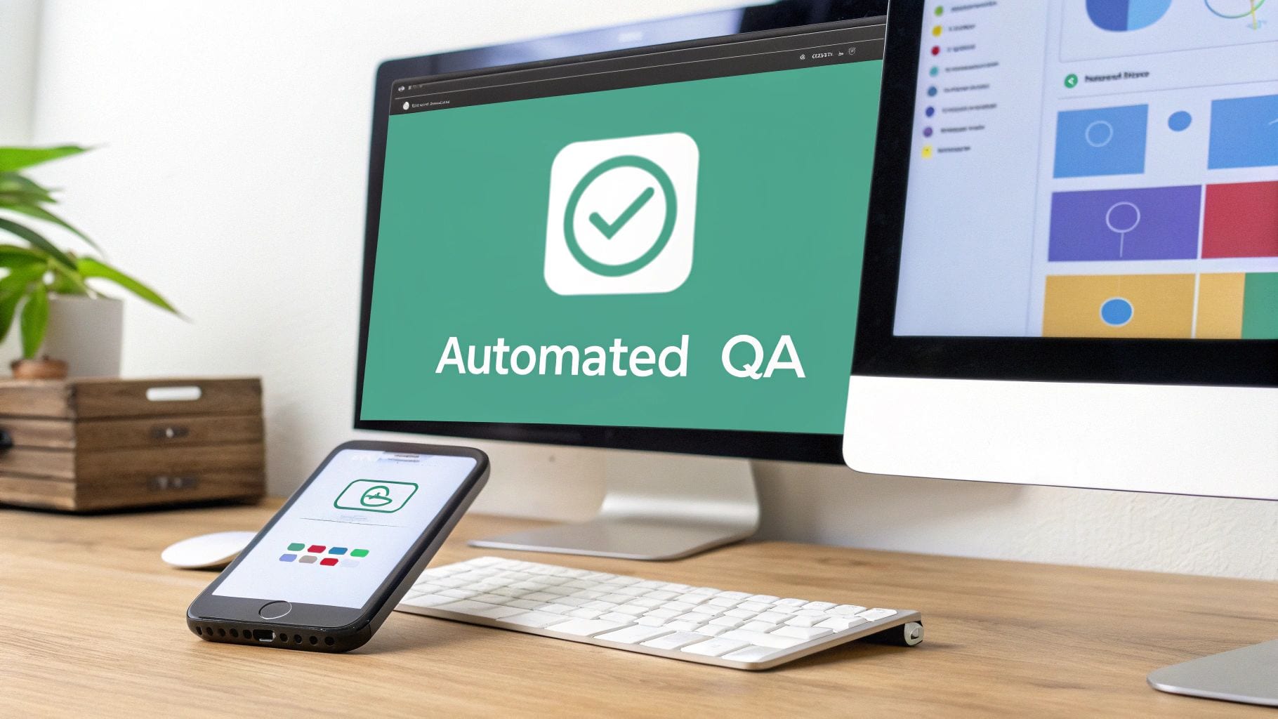 A desk setup featuring monitors displaying 'Automated QA' and analytics, alongside a smartphone.