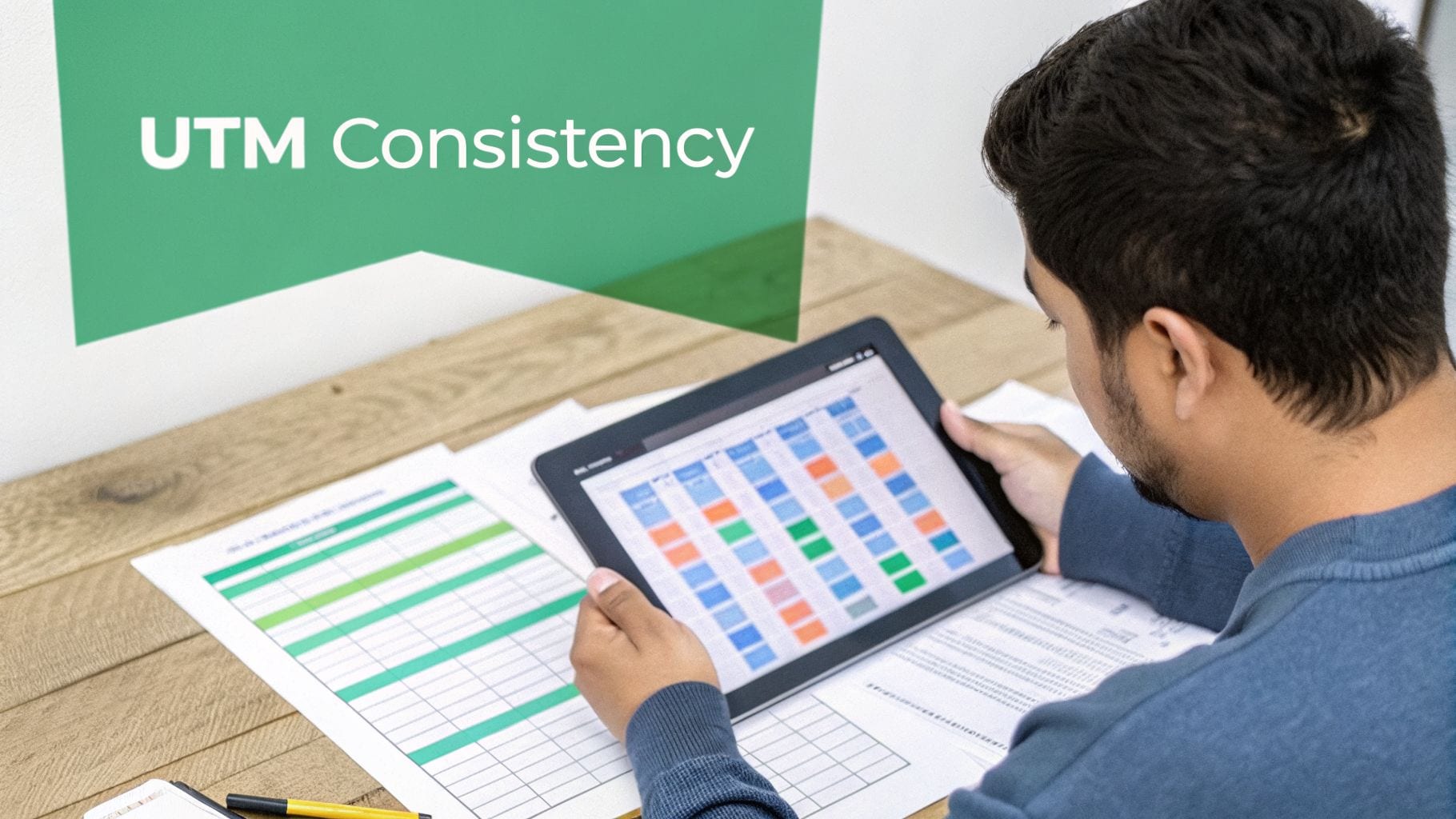Person analyzing data on a tablet and paper spreadsheets with 'UTM Consistency' banner.