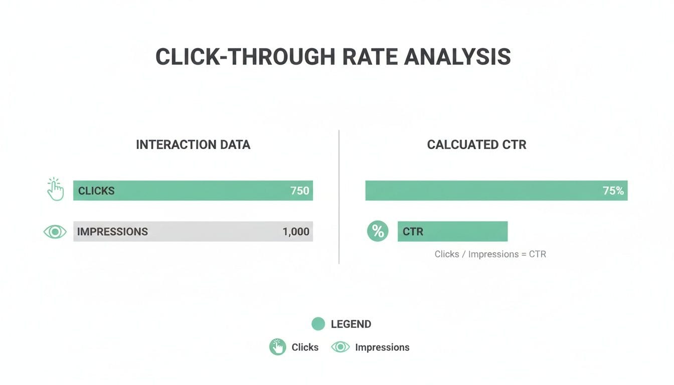 Click-through rate analysis showing 750 clicks, 1000 impressions, and a calculated 75% CTR.