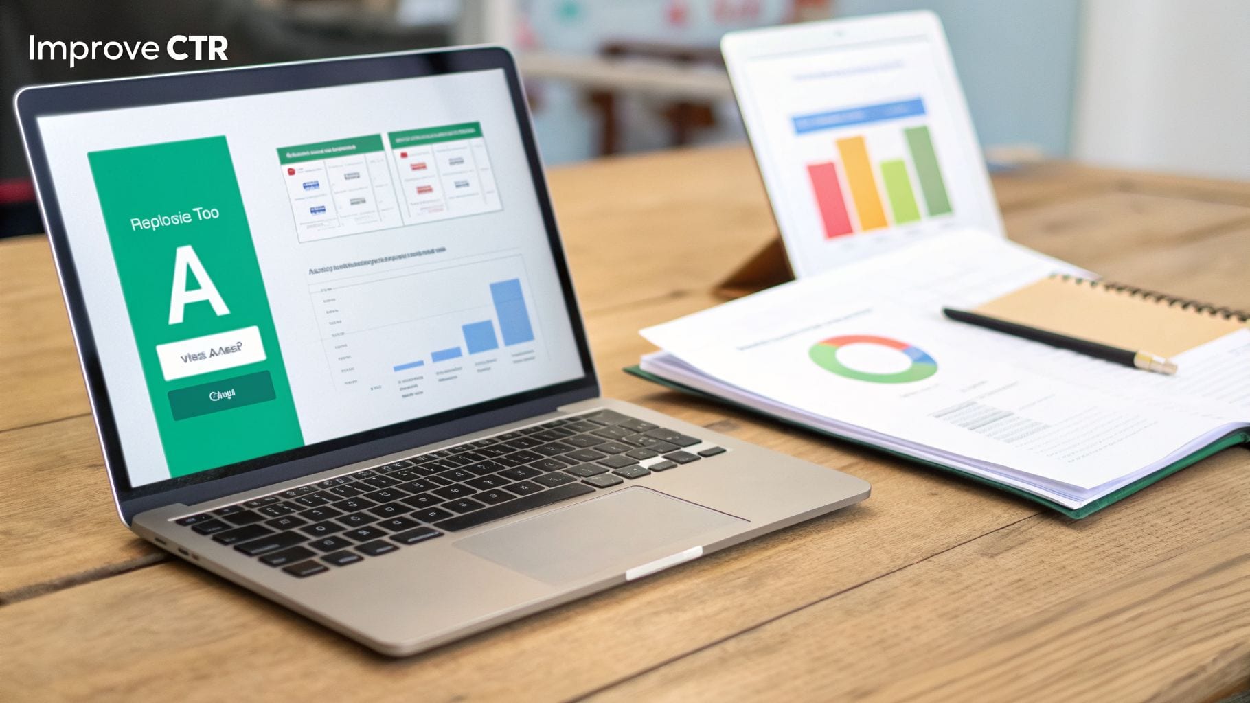 Laptop and tablet displaying marketing data charts on a wooden desk, with documents for analysis.