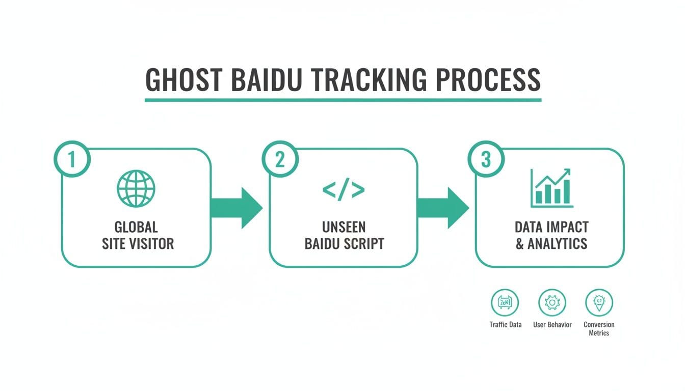 Flowchart illustrating the Baidu ghost tracking process from visitor interaction to data analytics.