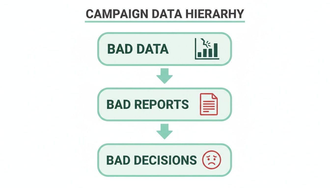 Campaign data hierarchy diagram showing bad data leads to bad reports and bad decisions.