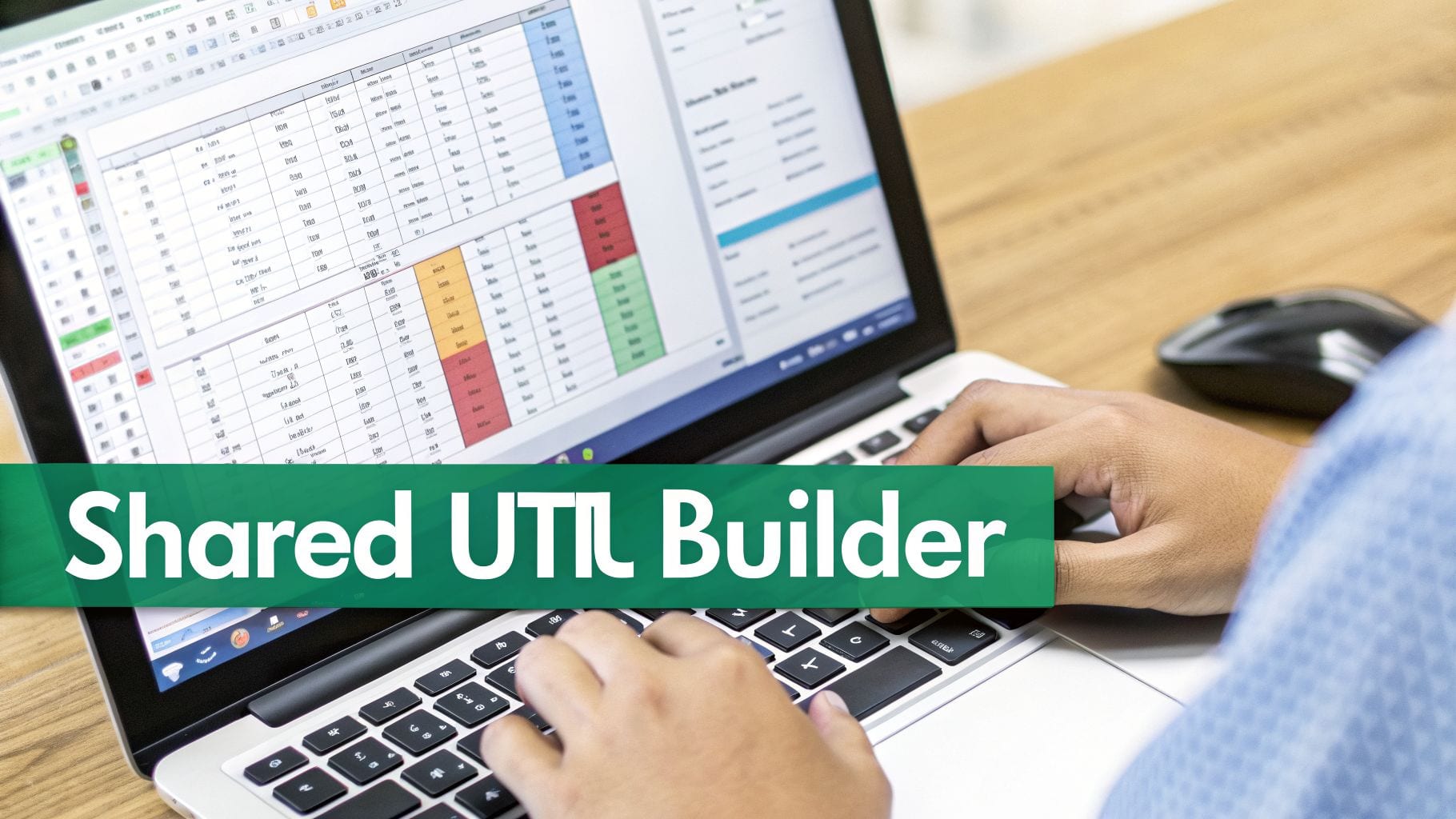 A person types on a laptop displaying a spreadsheet, with a green overlay 'Shared UTIL Builder'.
