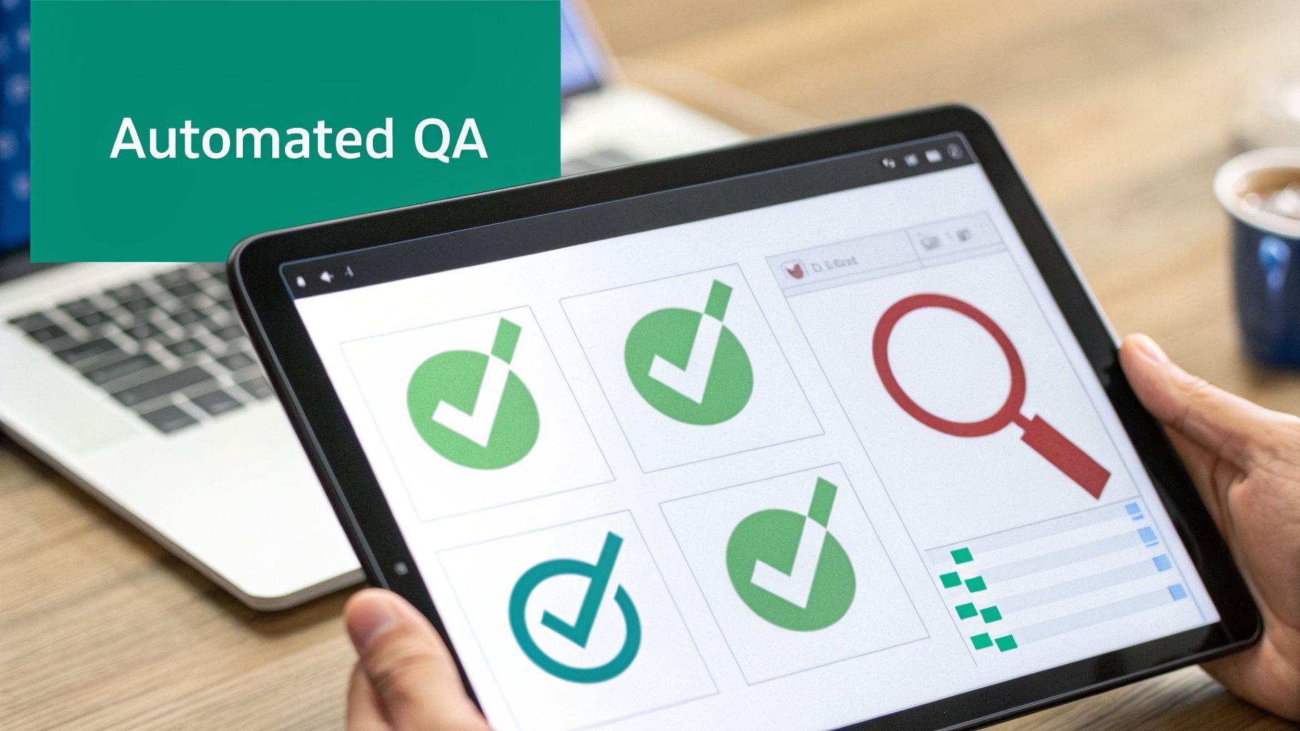 A person holds a tablet displaying green checkmarks and a red magnifying glass for automated QA.