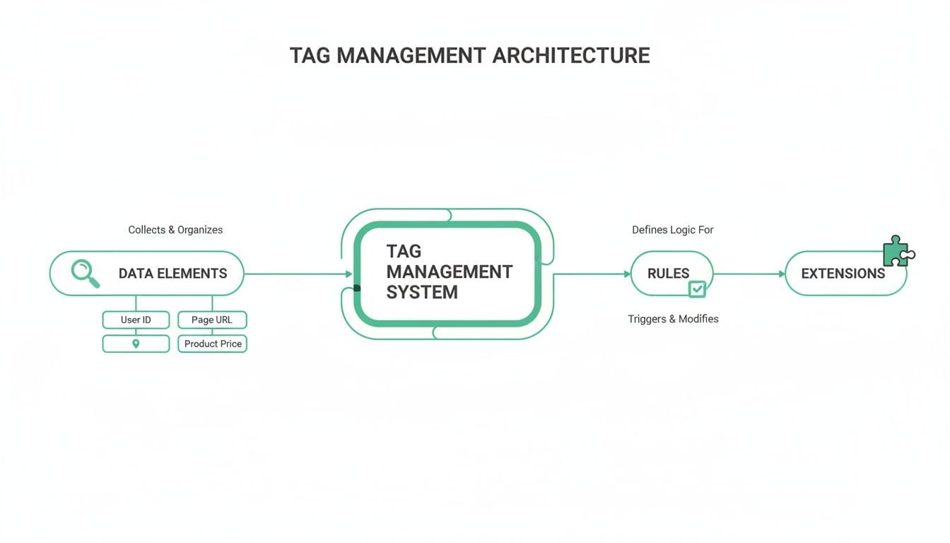 Flowchart detailing Tag Management Architecture, showing data elements, the system, rules, and extensions interaction.