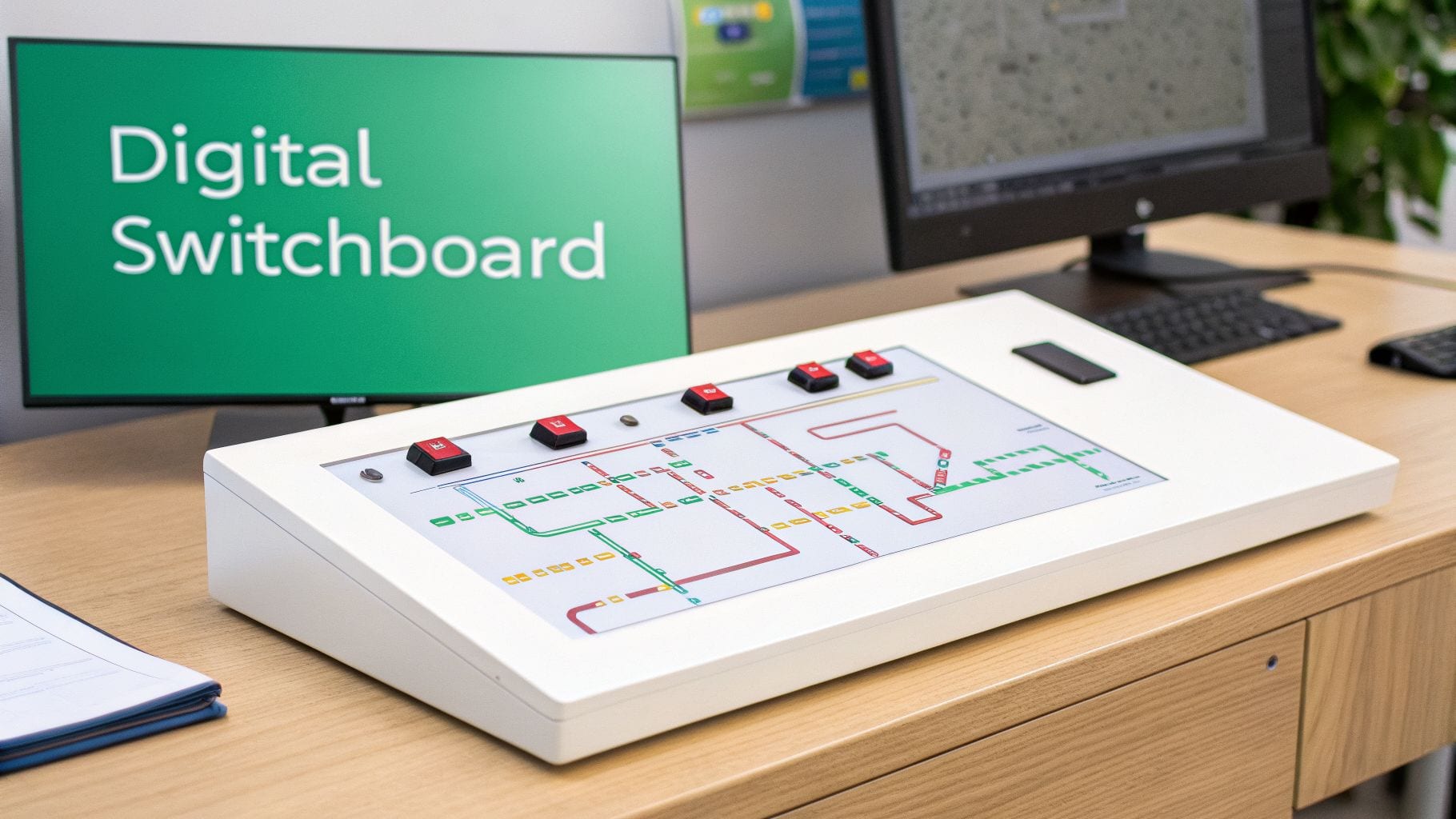 A white digital switchboard control panel with buttons and a diagram, and a monitor displaying 'Digital Switchboard'.