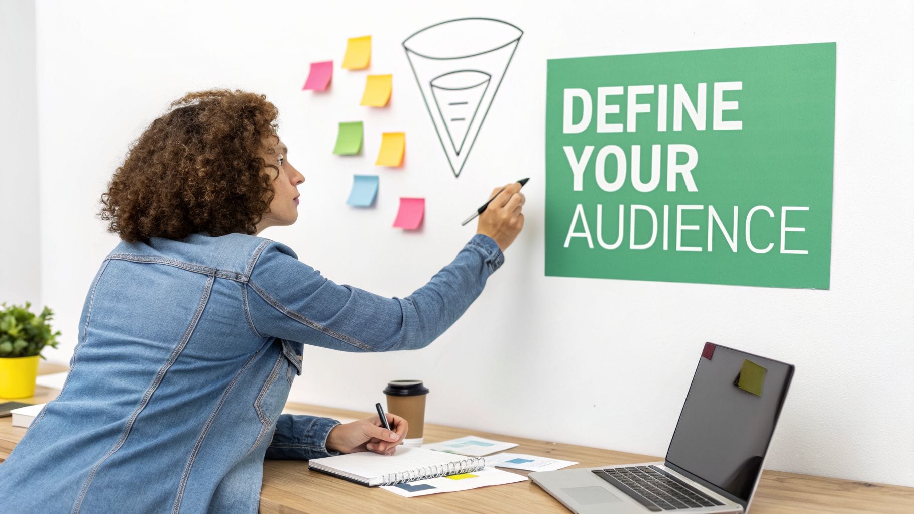 Woman strategizing, drawing a sales funnel and writing on a whiteboard next to 'DEFINE YOUR AUDIENCE' sign.