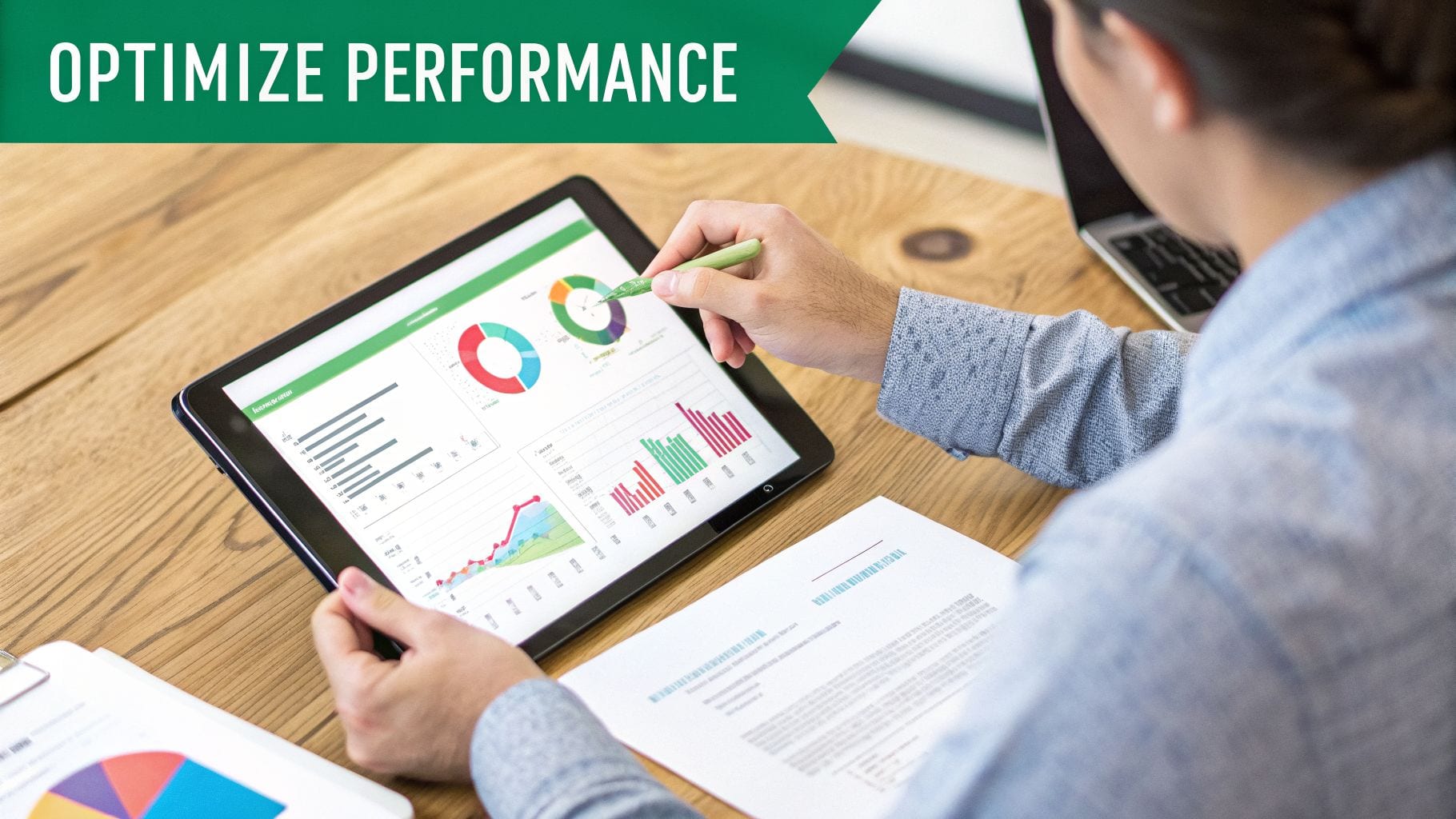 Hands analyzing performance data on a tablet displaying charts and graphs with a stylus.