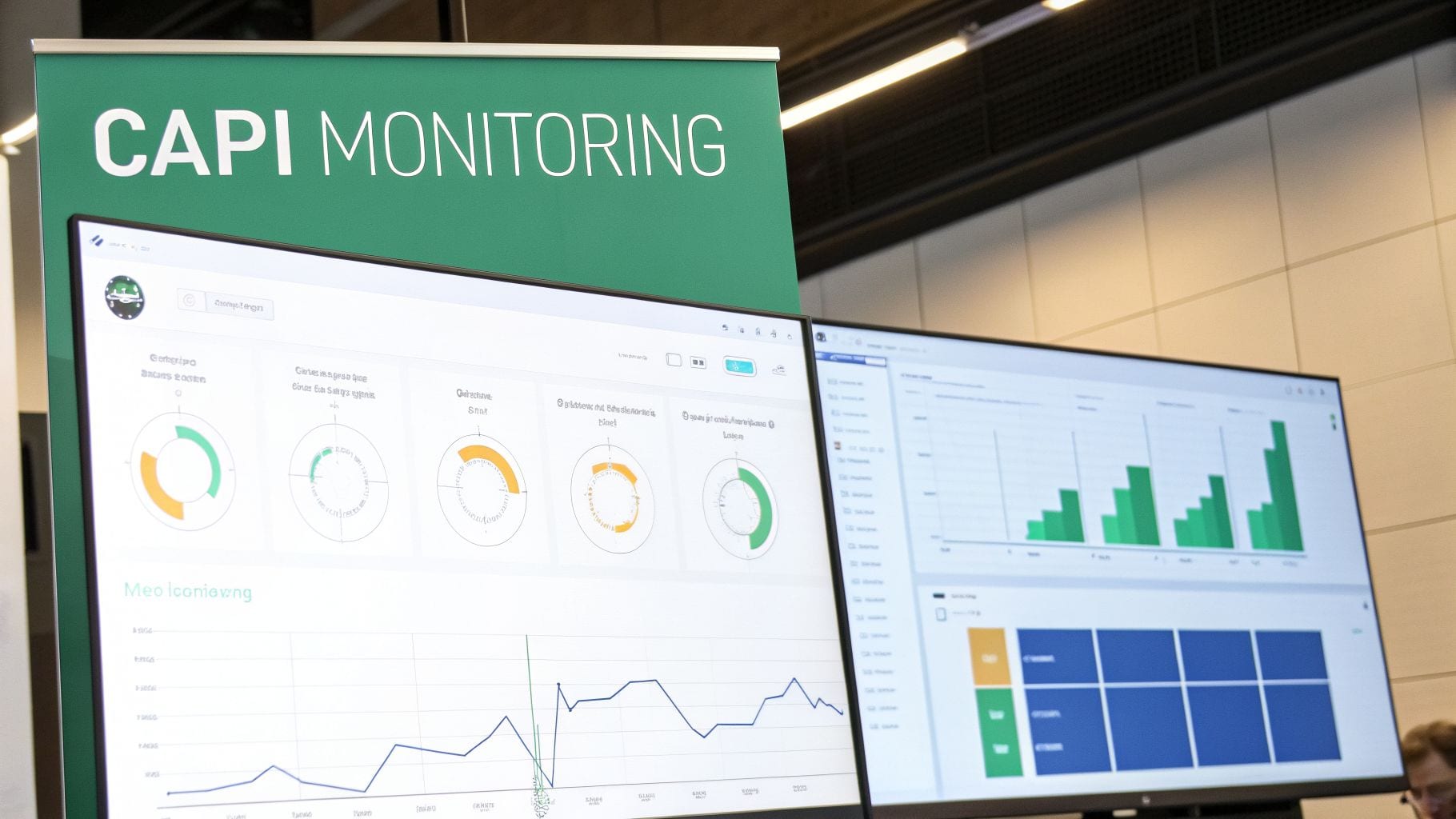 Two monitors display CAPI monitoring dashboards with various data visualizations, charts, and graphs.
