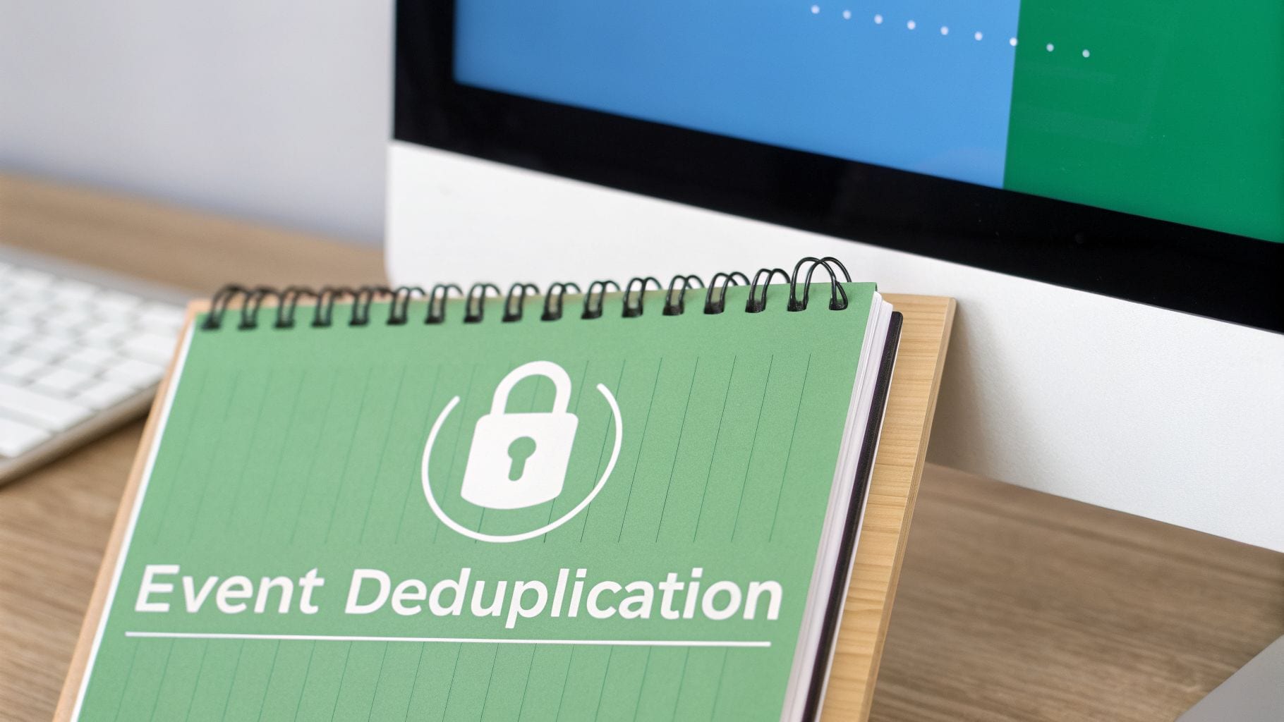 A green notebook with 'Event Deduplication' and a padlock icon on a desk next to a monitor.