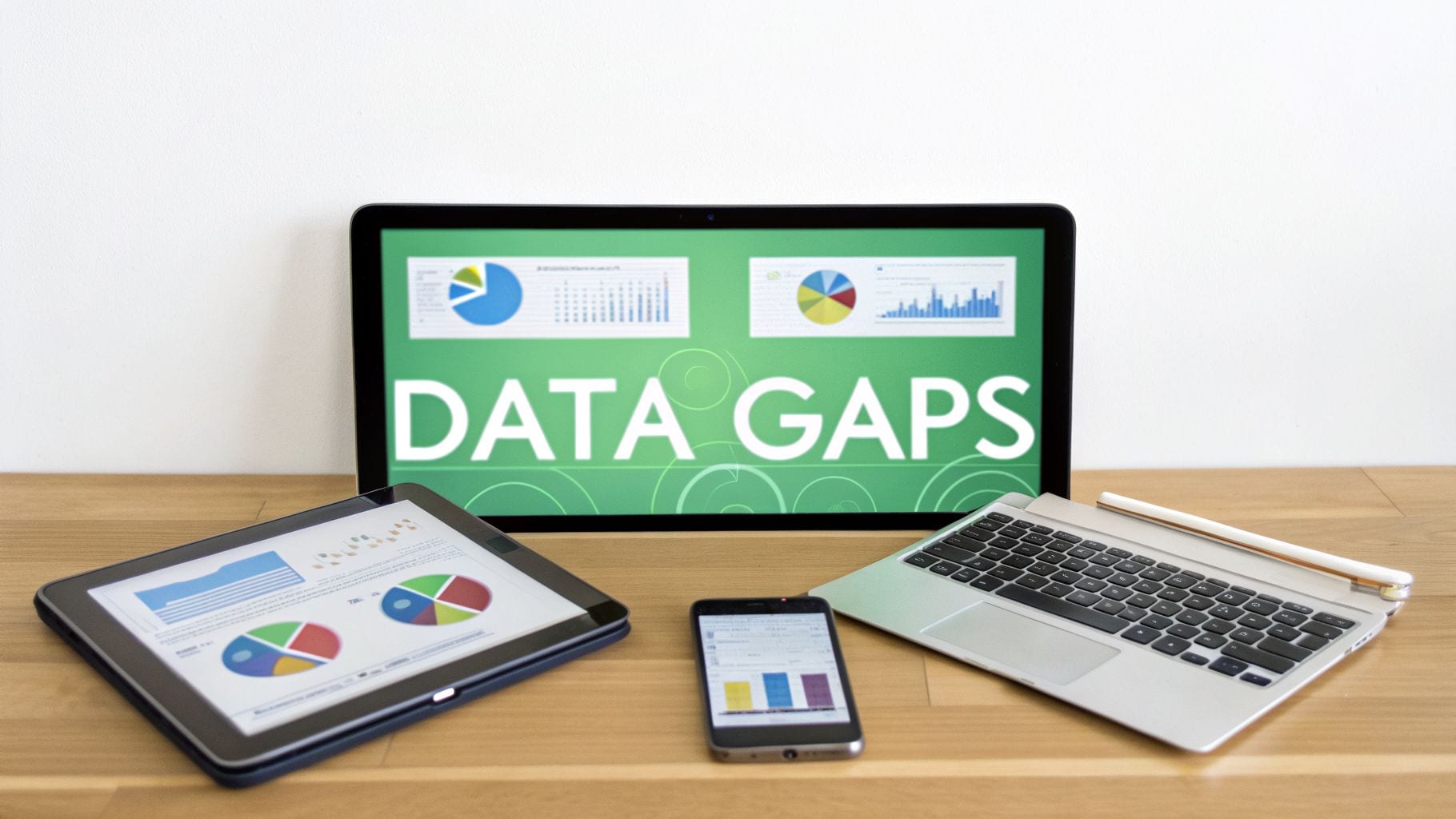 A large screen shows 'DATA GAPS' with charts, alongside a tablet, smartphone, and laptop keyboard.