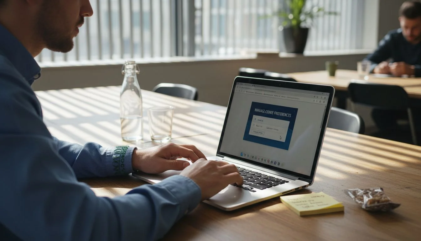 User managing browser cookie settings on laptop