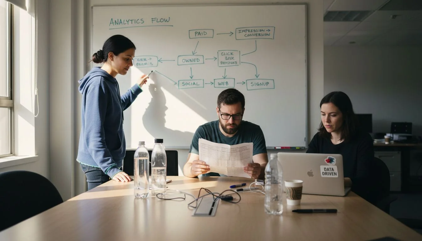 Analytics team reviewing marketing touchpoint flows