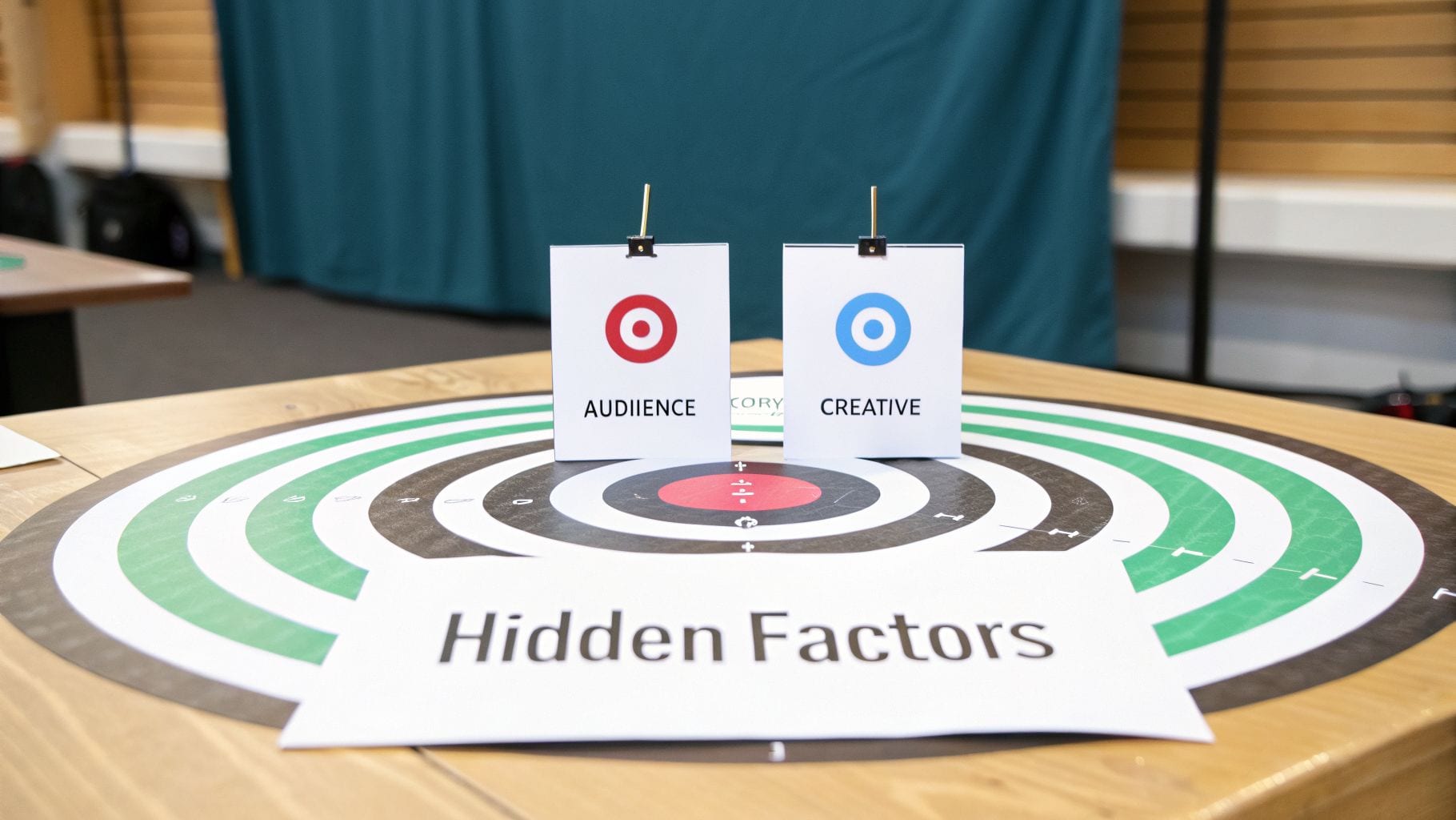 Marketing strategy display with 'Audience' and 'Creative' cards on a target mat, highlighting 'Hidden Factors'.