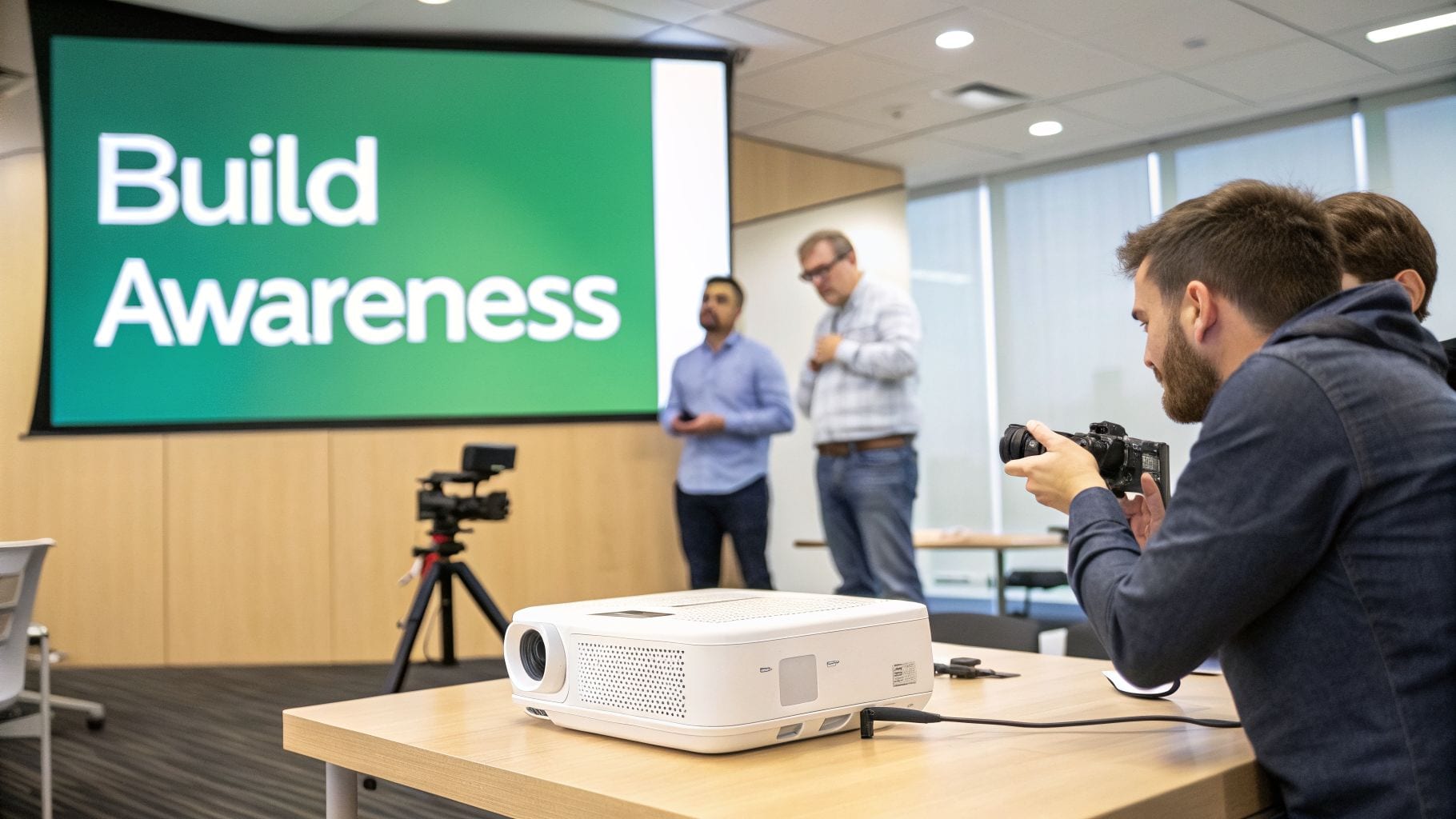 People attending a marketing presentation, with a projector and camera filming the 'Build Awareness' screen.
