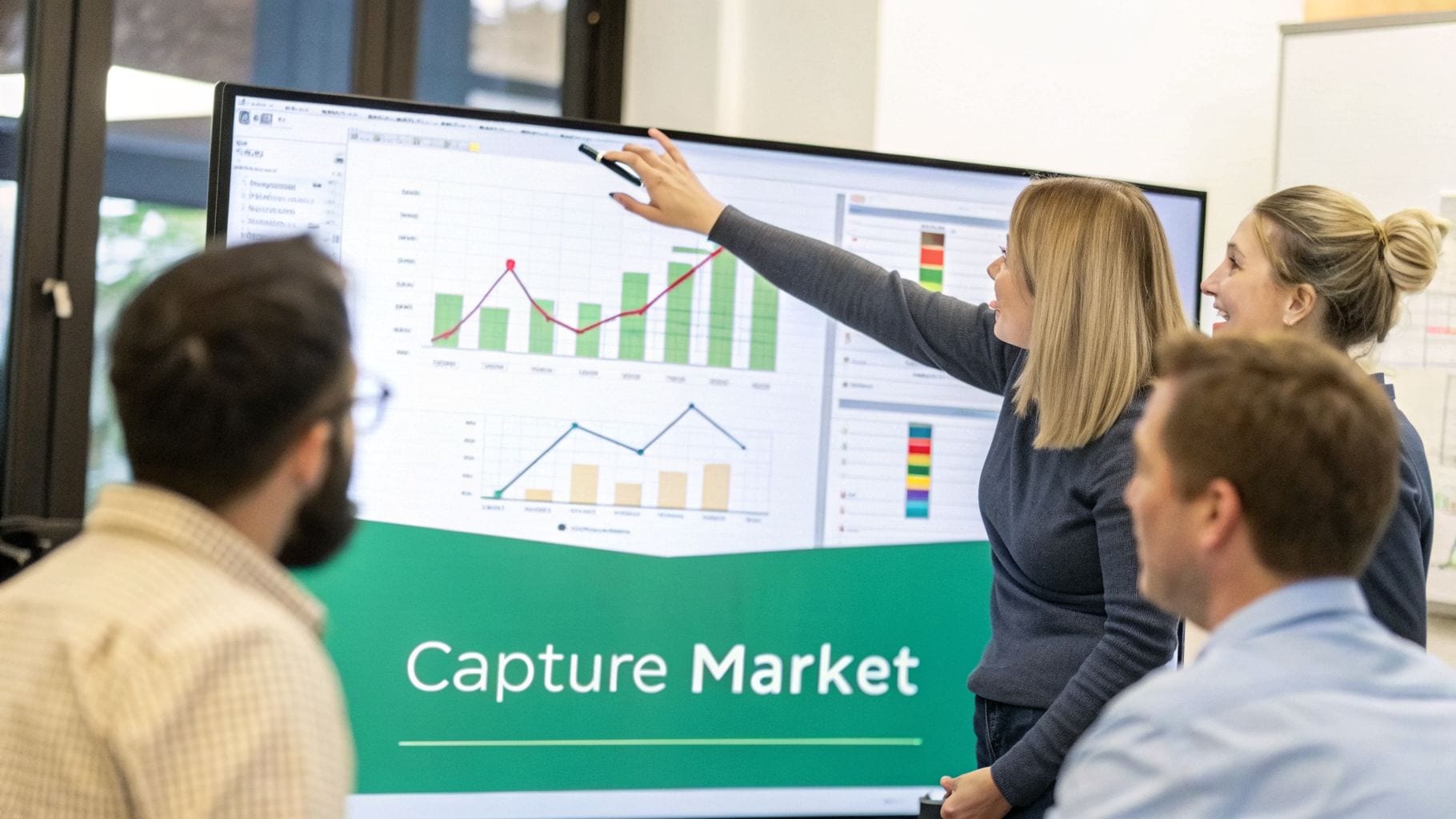 A woman points at a large screen displaying business charts and graphs to her colleagues in a meeting.