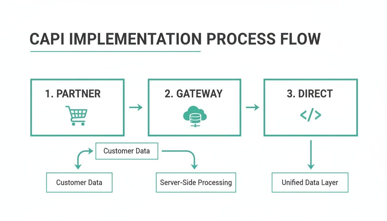 CAPI implementation process flow diagram outlining Partner, Gateway, and Direct methods with data processing steps.