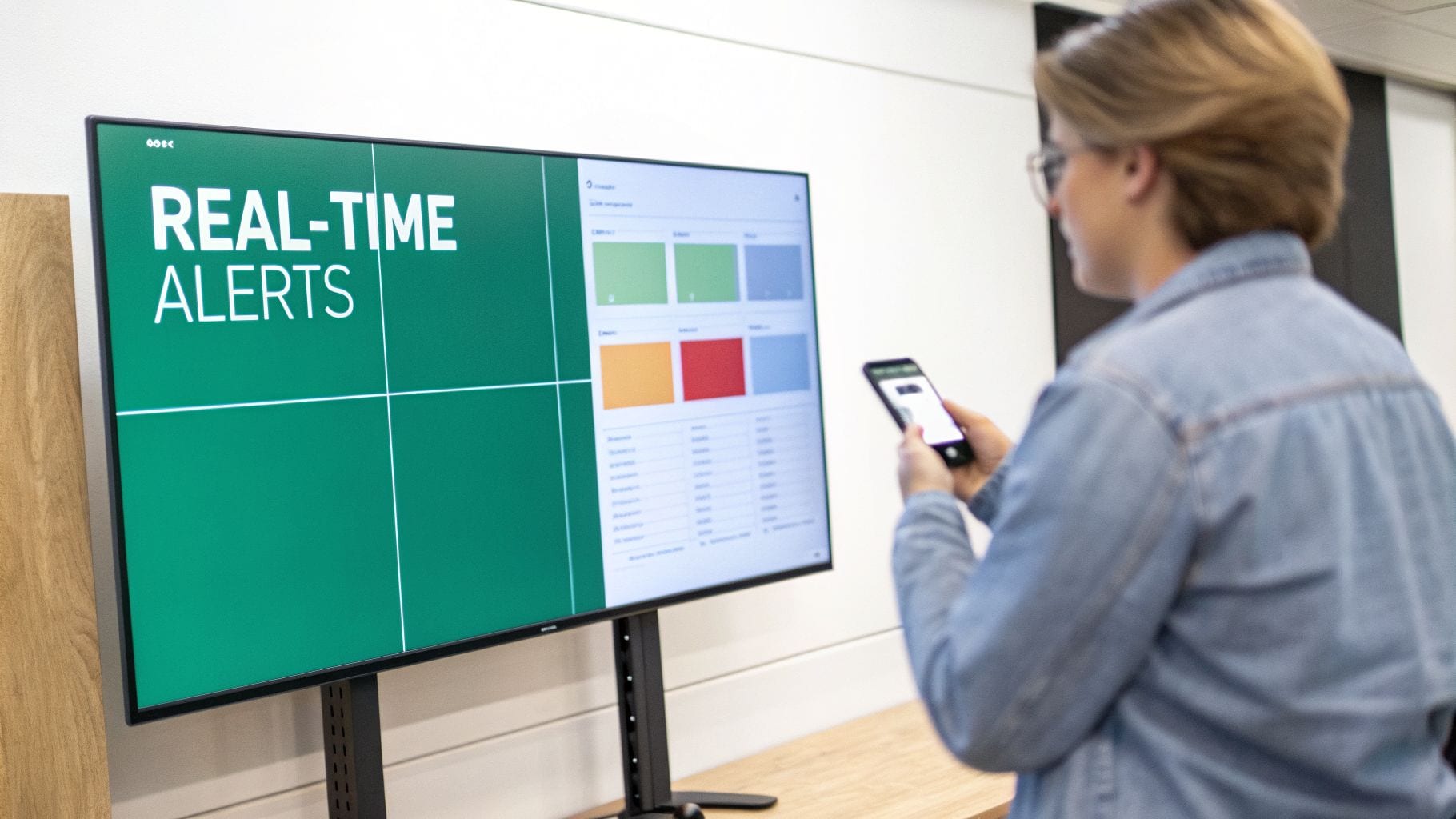 A person in an office uses a smartphone to interact with a large screen showing real-time alerts and data.